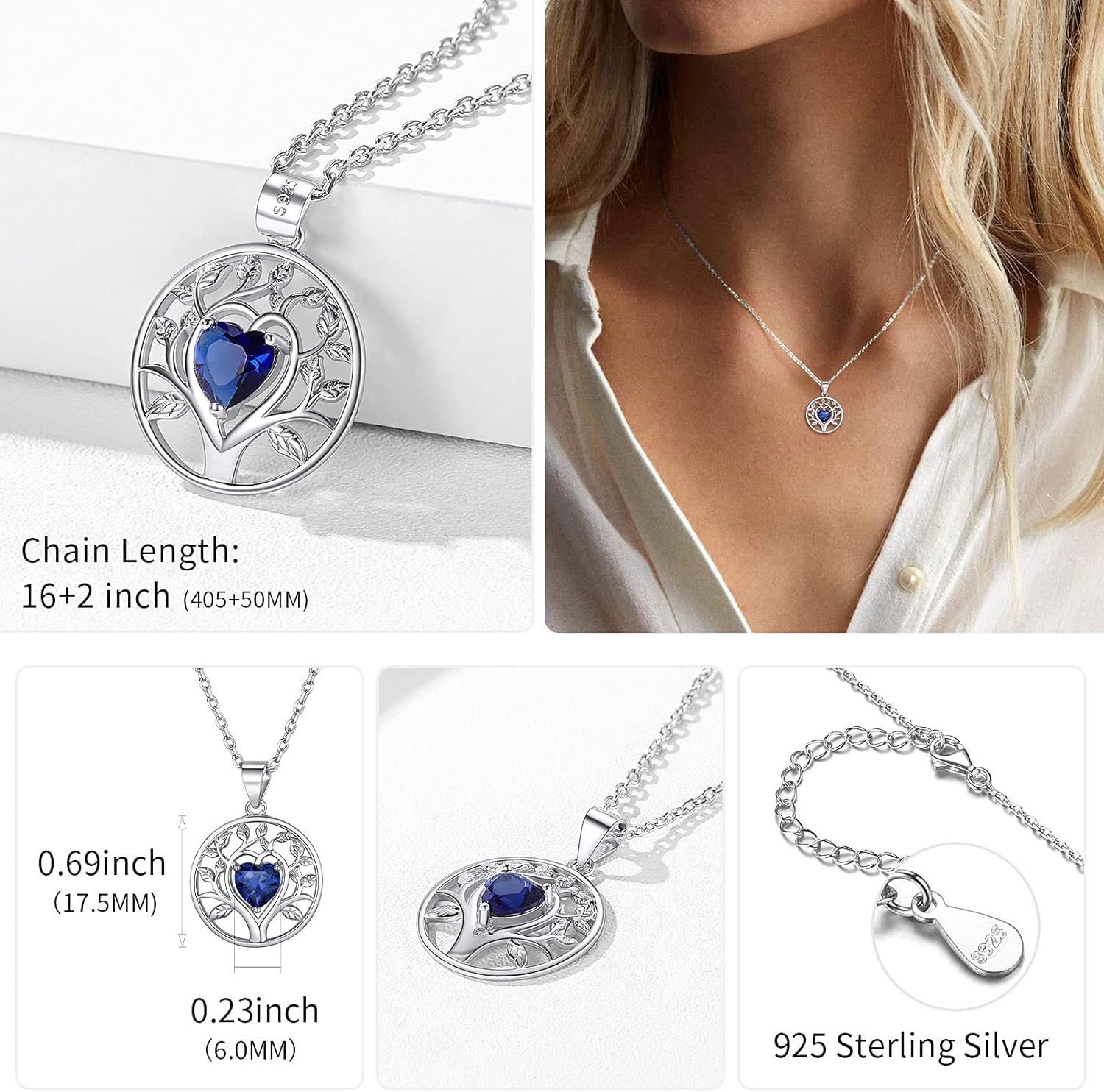 Tree of Life Pendant Necklace Embellished with Heart Shape Birthstone  Details: Dimensions, Hypoallergenic, Lobster-Claw-Clasps
