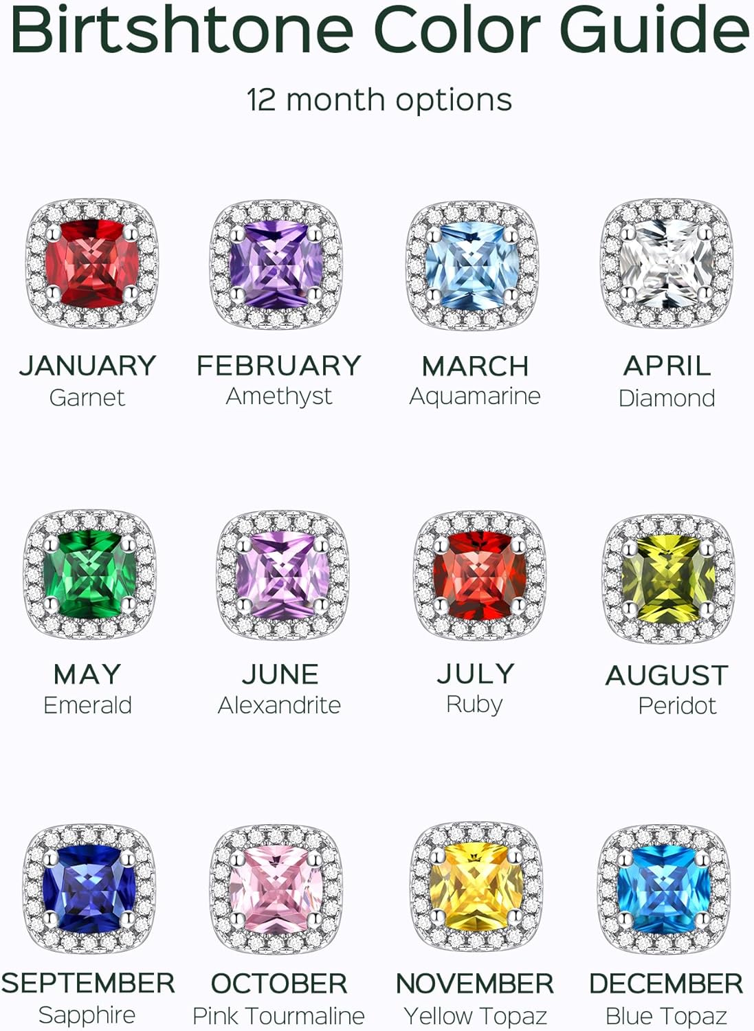 Black Square Sparkle Halo Birthstone Gemstone & Cubic Zirconia Stud Earrings in Different Month Colors