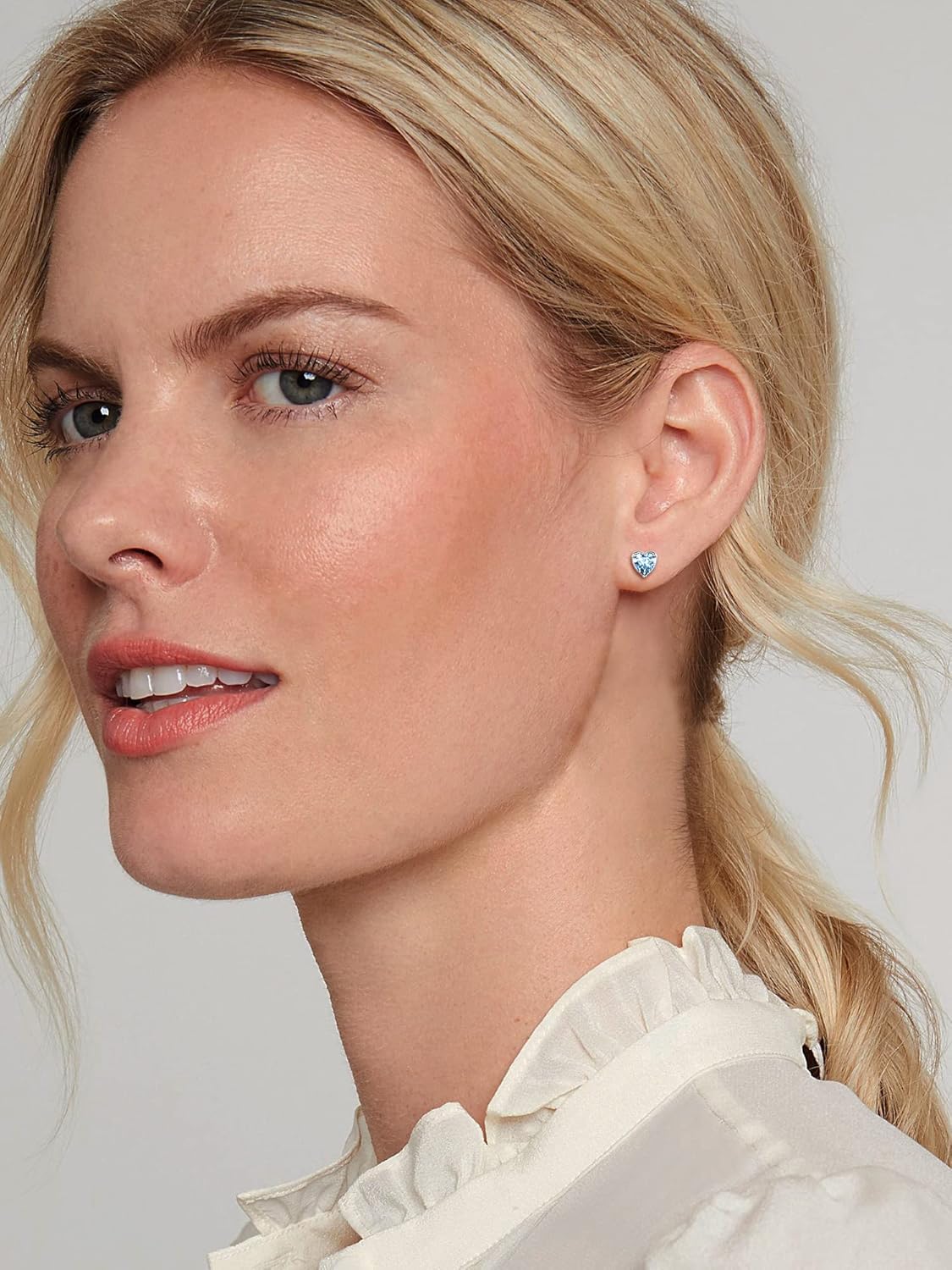 Sparkling Heart Cut Crystal March Aquamarine Birthstone Stud Earrings