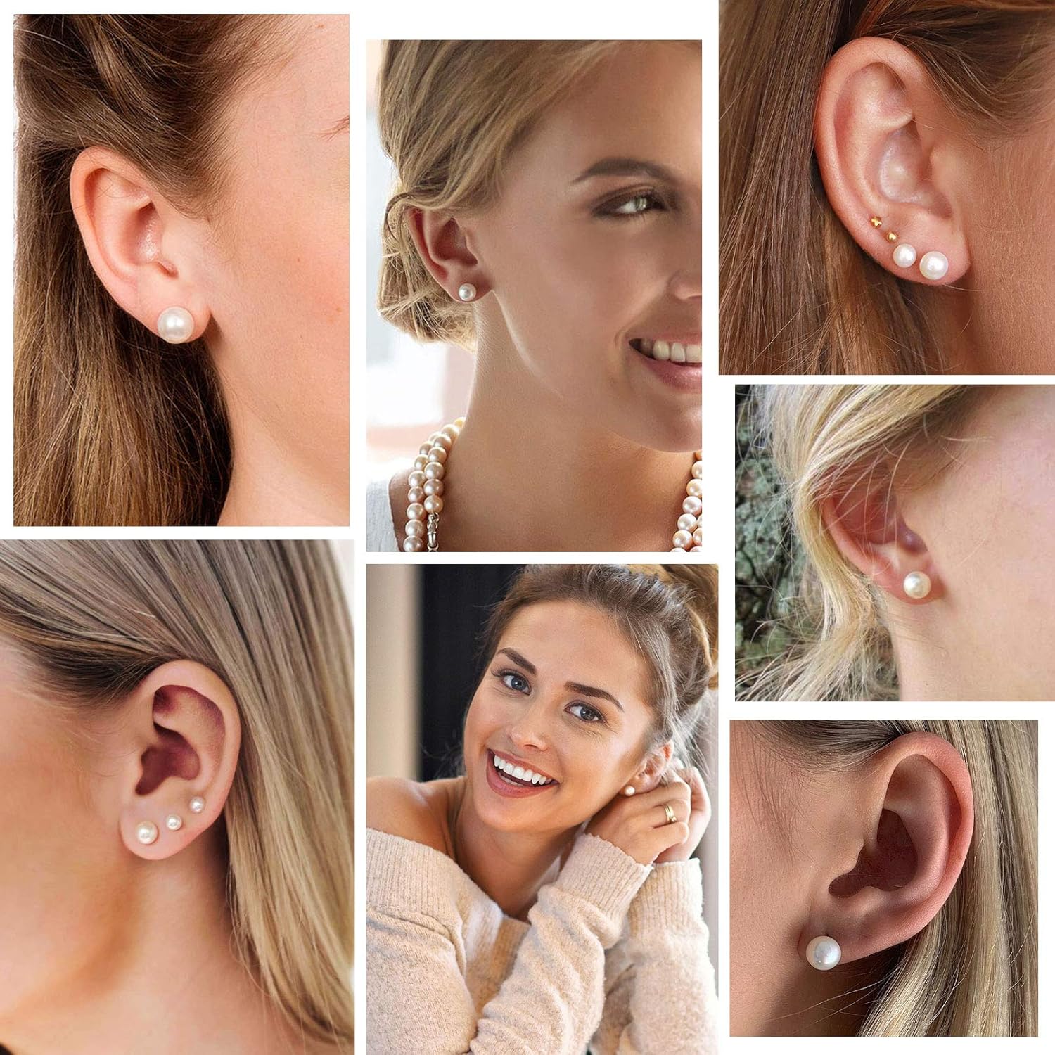 3 Pairs Freshwater Cultured White Button Pearl Stud Earrings for Women