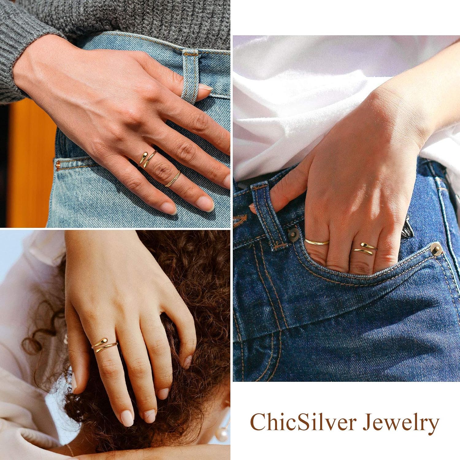 High Polish Minimalist Teardrop Open Adjustable Ring