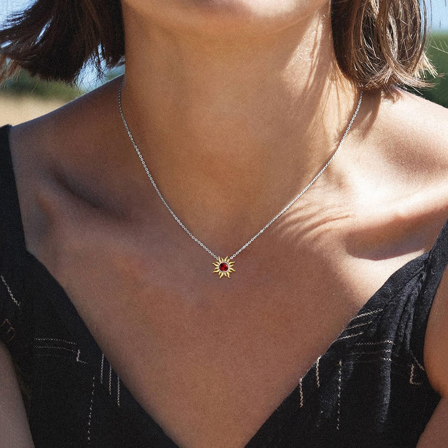 Sun Birthstone Necklace for ladies, jan birthstone, Garnet birthstone, Capricorn Birthstone, Aquarius Birthstone, sterling silver jewelry, gift idea