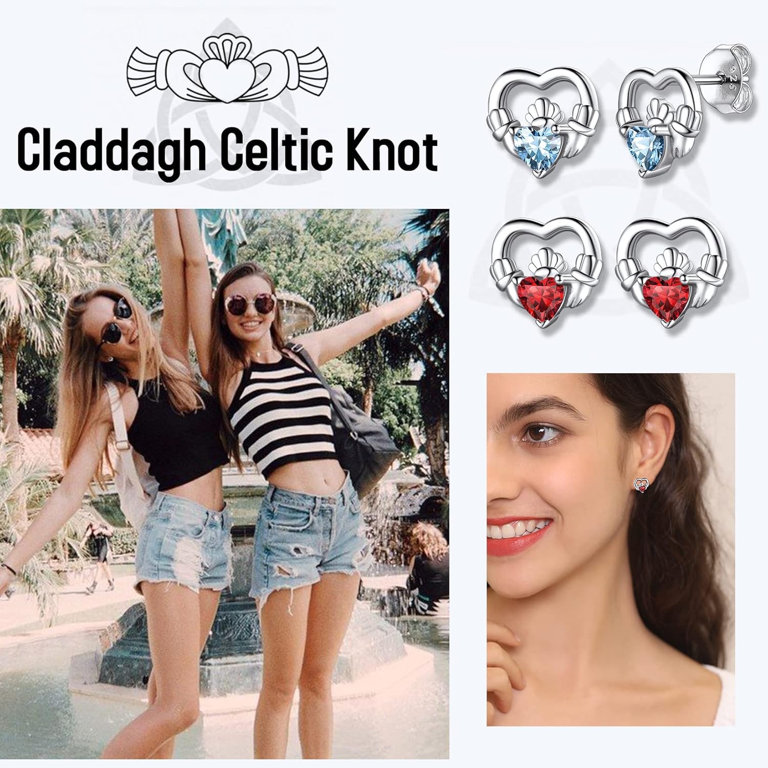 Dainty Claddagh Celtic Heart Stud Earrings in Different Month Colors