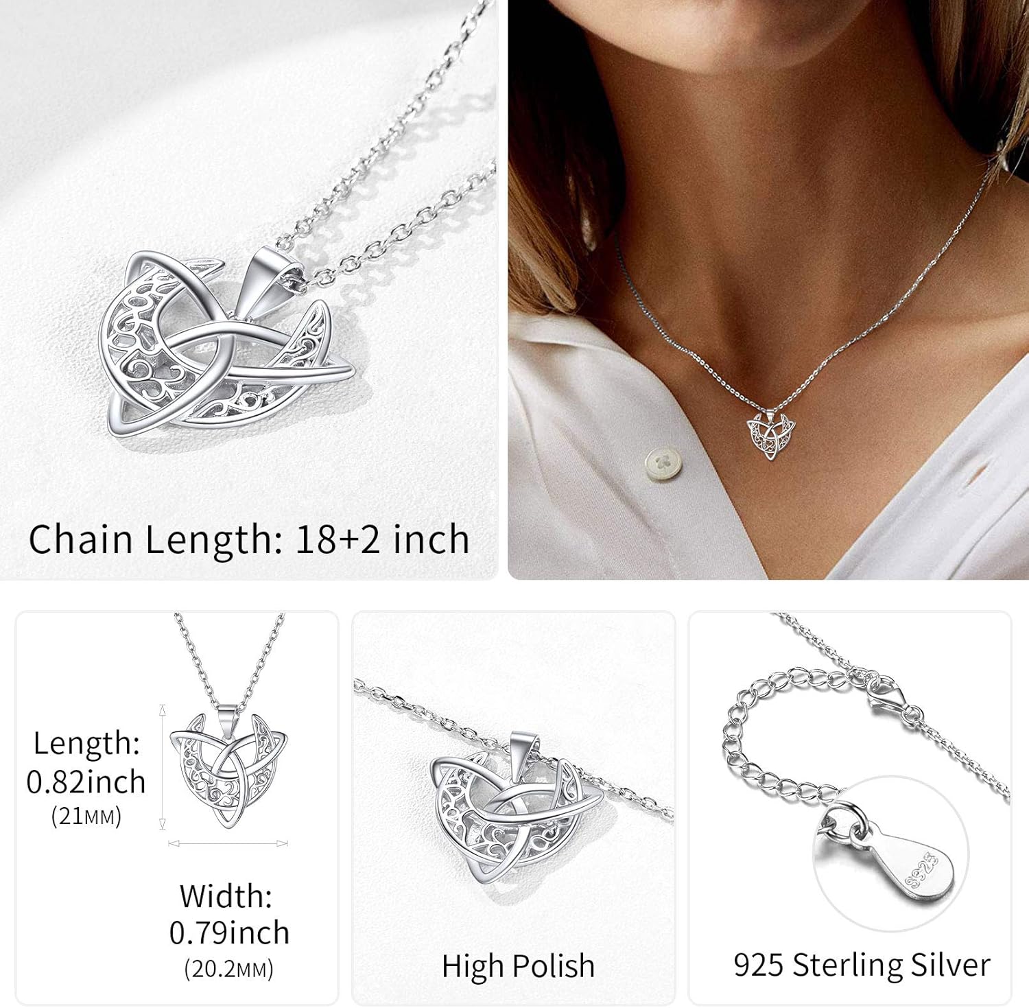 Triquetra Triangle Crescent Moon Goddess Pendant Necklace Details: Dimensions, Hypoallergenic, Lobster-Claw-Clasps