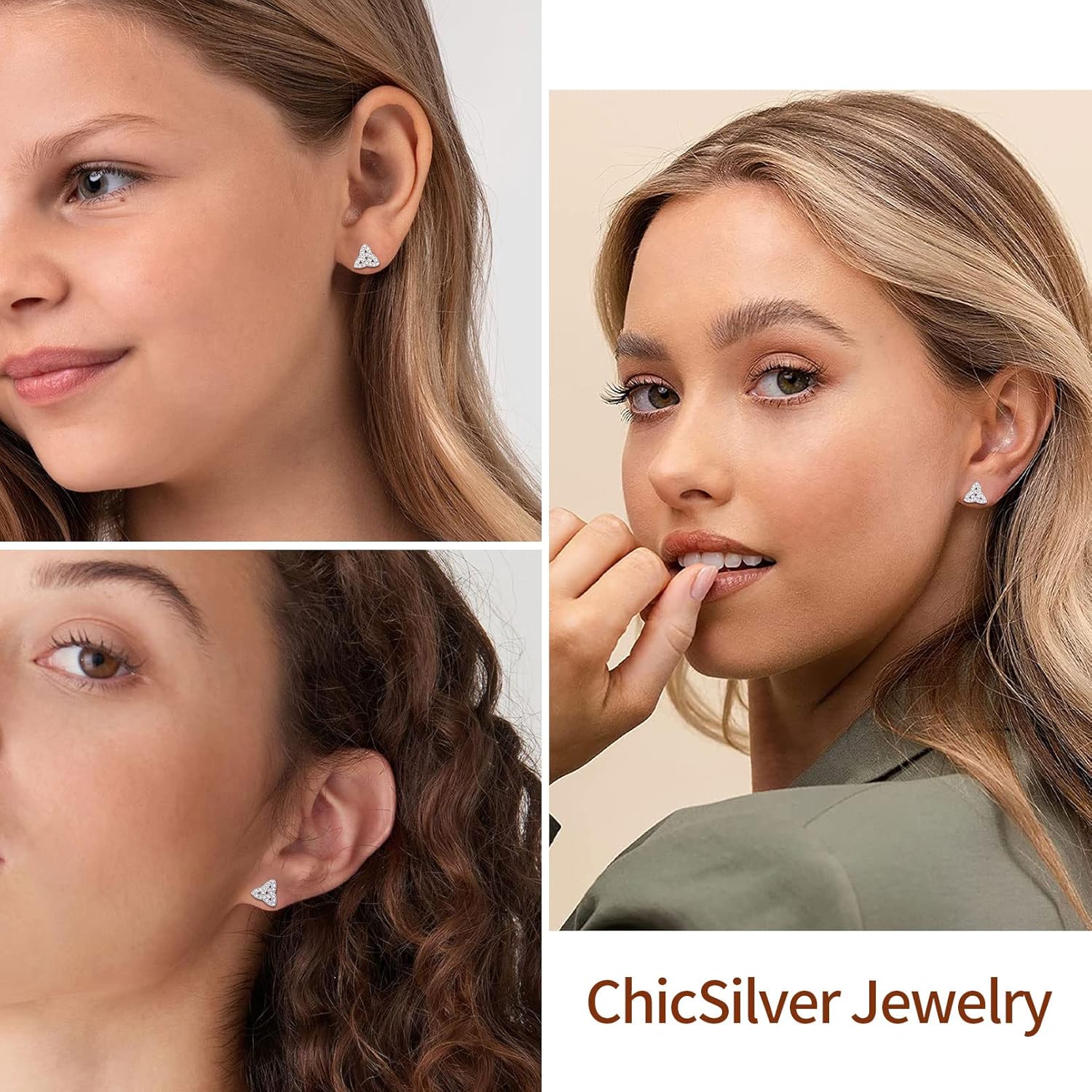 Dainty Cubic Zirconia Stones Triangle Triquetra Stud Earrings for Women