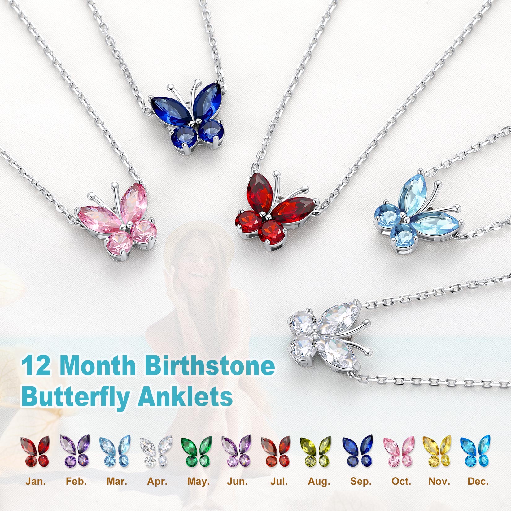 Sterling Silver ChicSilver Cute Butterfly Waterproof Birthstone Anklet in Different Month Colors