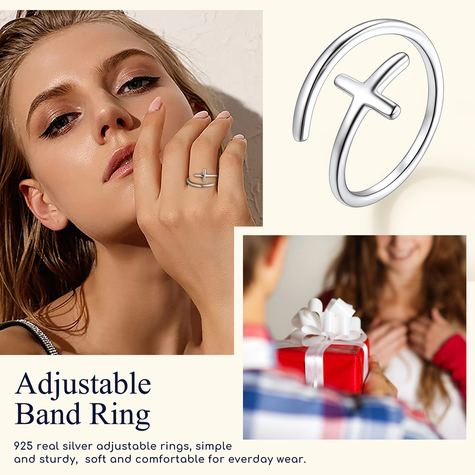 925 Sterling Silver Cross Adjustable Ring, Christain Gift for Lovers