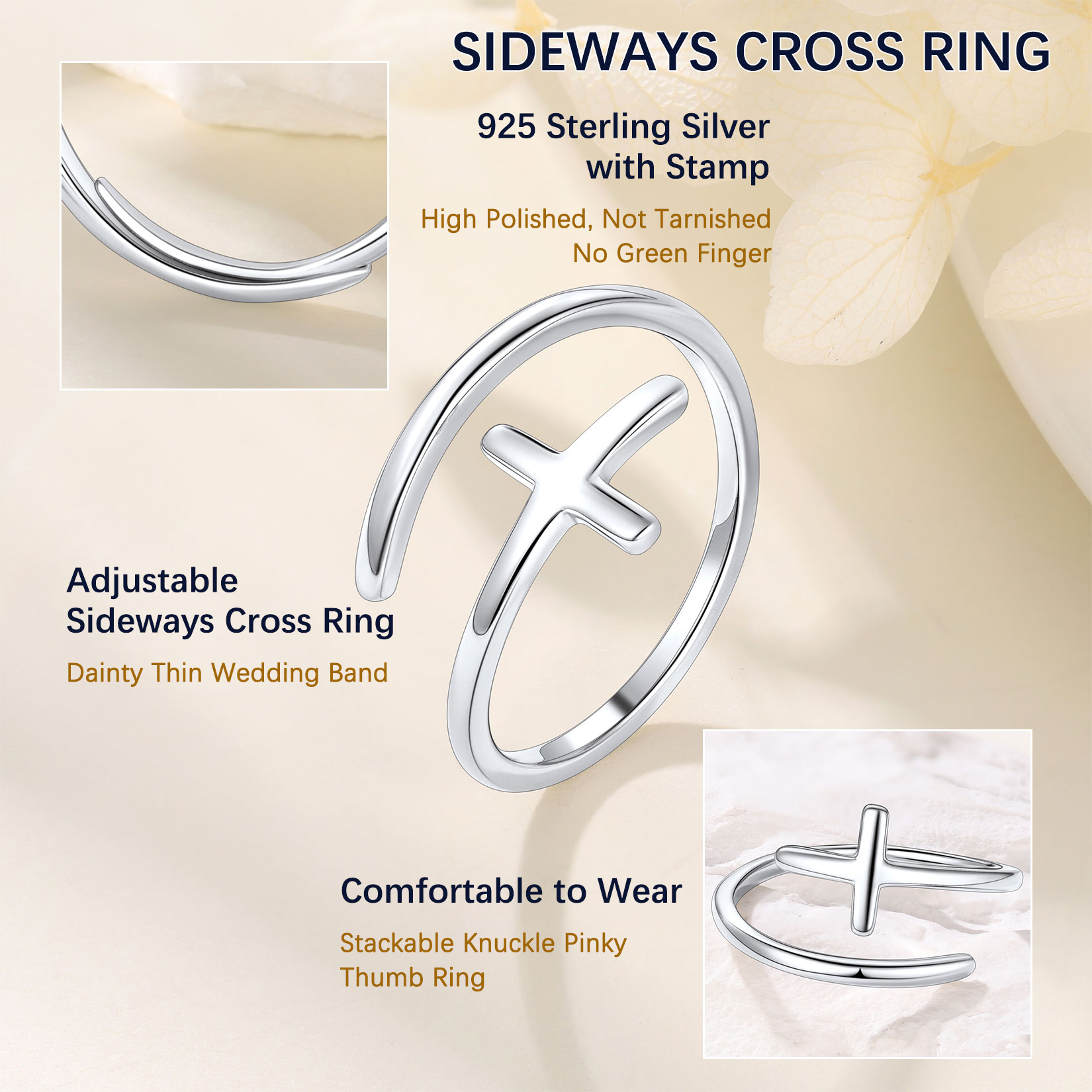 925 Sterling Silver Cross Adjustable Ring Description - Hypoallergenic, Premium Material