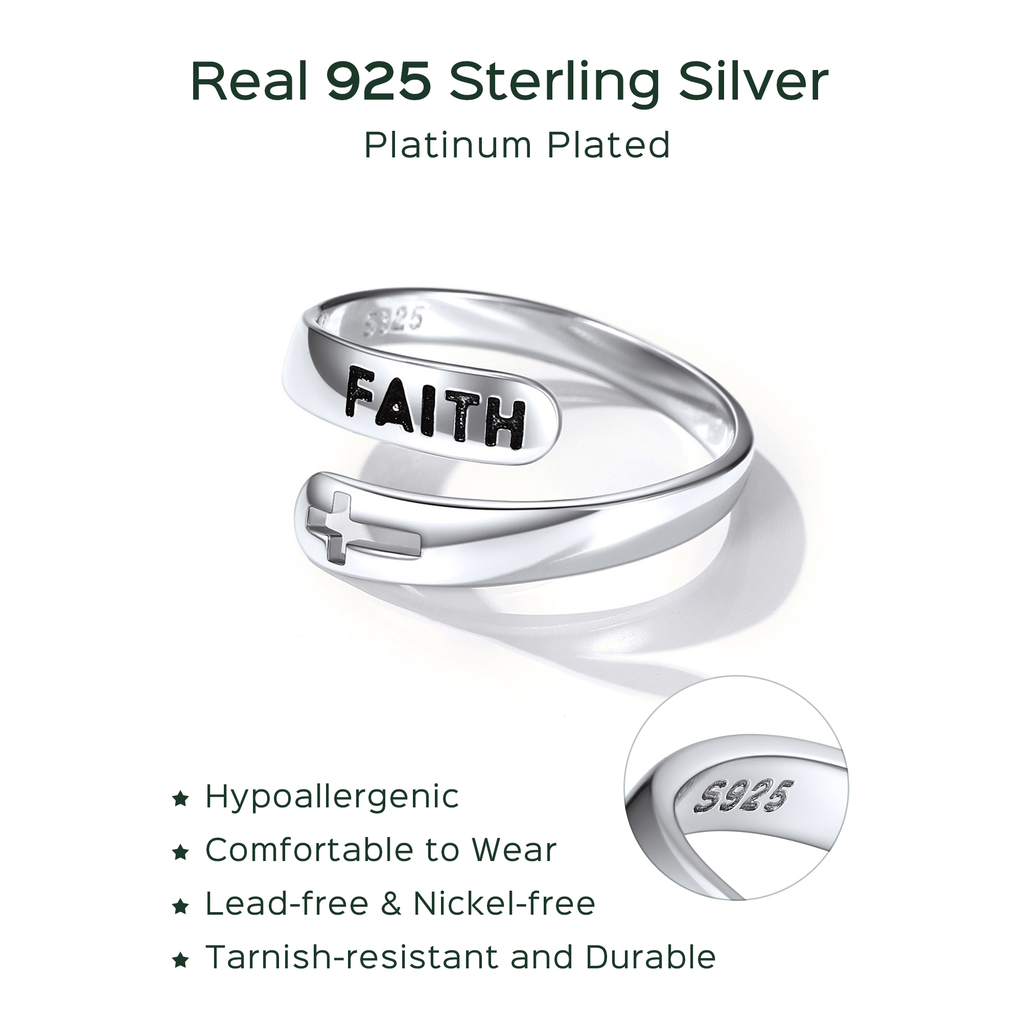 925 Sterling Silver Faith Cross Adjustable Ring Description - Hypoallergenic, Premium Material
