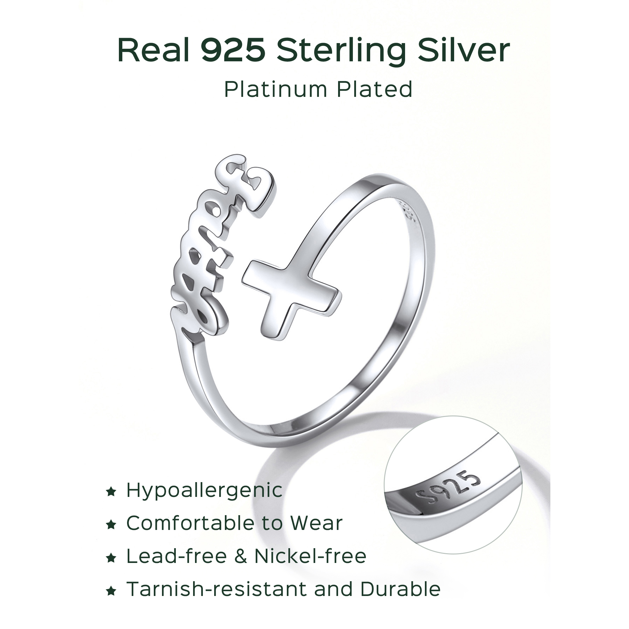 925 Sterling Silver Faith Cross Open Adjustable Ring Description - Hypoallergenic, Premium Material