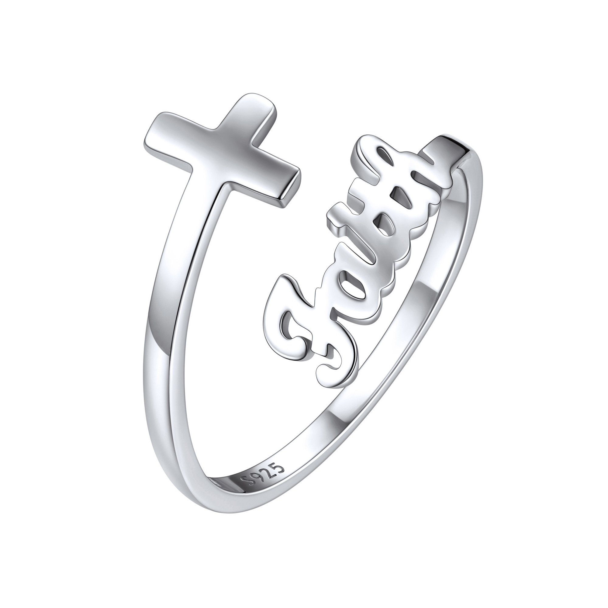 925 Sterling Silver Faith Cross Open Adjustable Ring