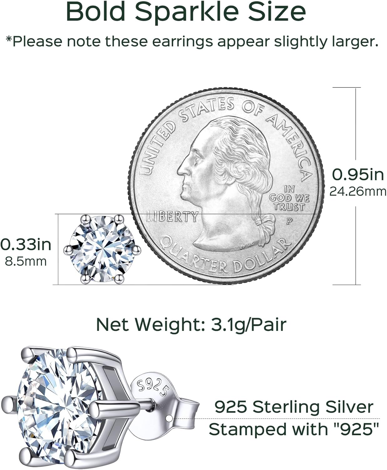 8.5mm Sparkling Round Cut Birthstone Halo Stud Earrings Details: Dimensions, Hypoallergenic, Push Back Finding