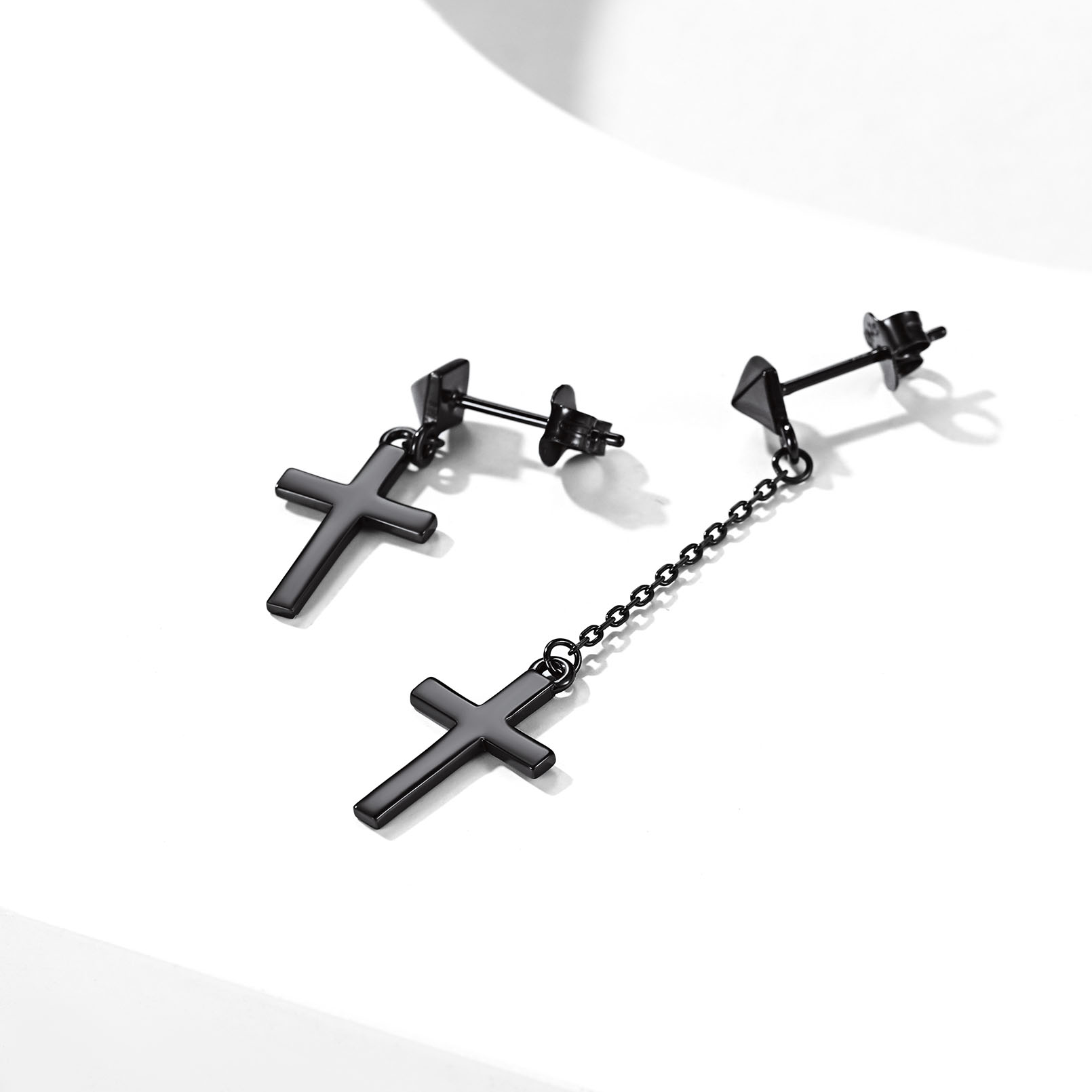 Asymmetry Cross Dangle Earrings in Black, Sterling Silver-01