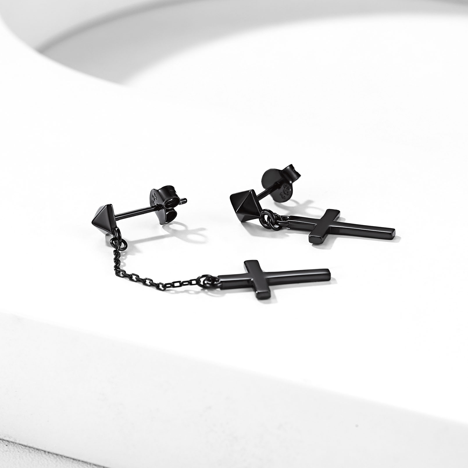 Asymmetry Cross Dangle Earrings in Black, Sterling Silver-02