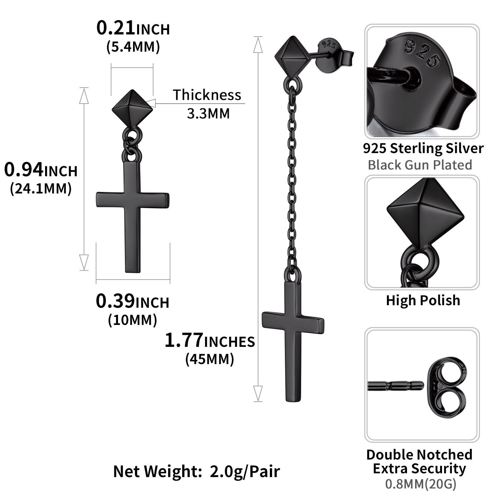 Asymmetry Cross Dangle Earrings in Black Details Dimensions, Hypoallergenic, Push Back Finding