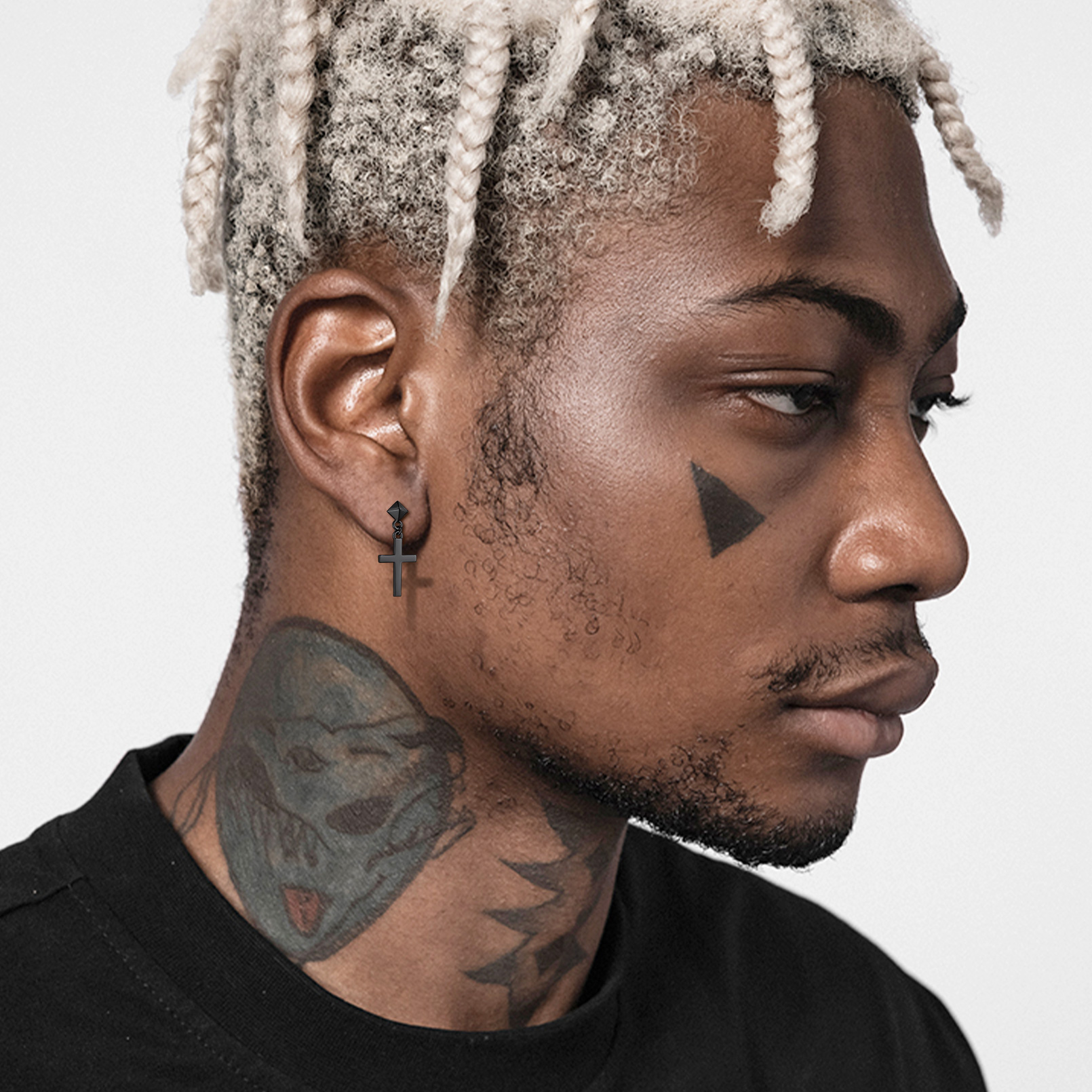 Asymmetry Cross Dangle Earrings in Black for Men-01