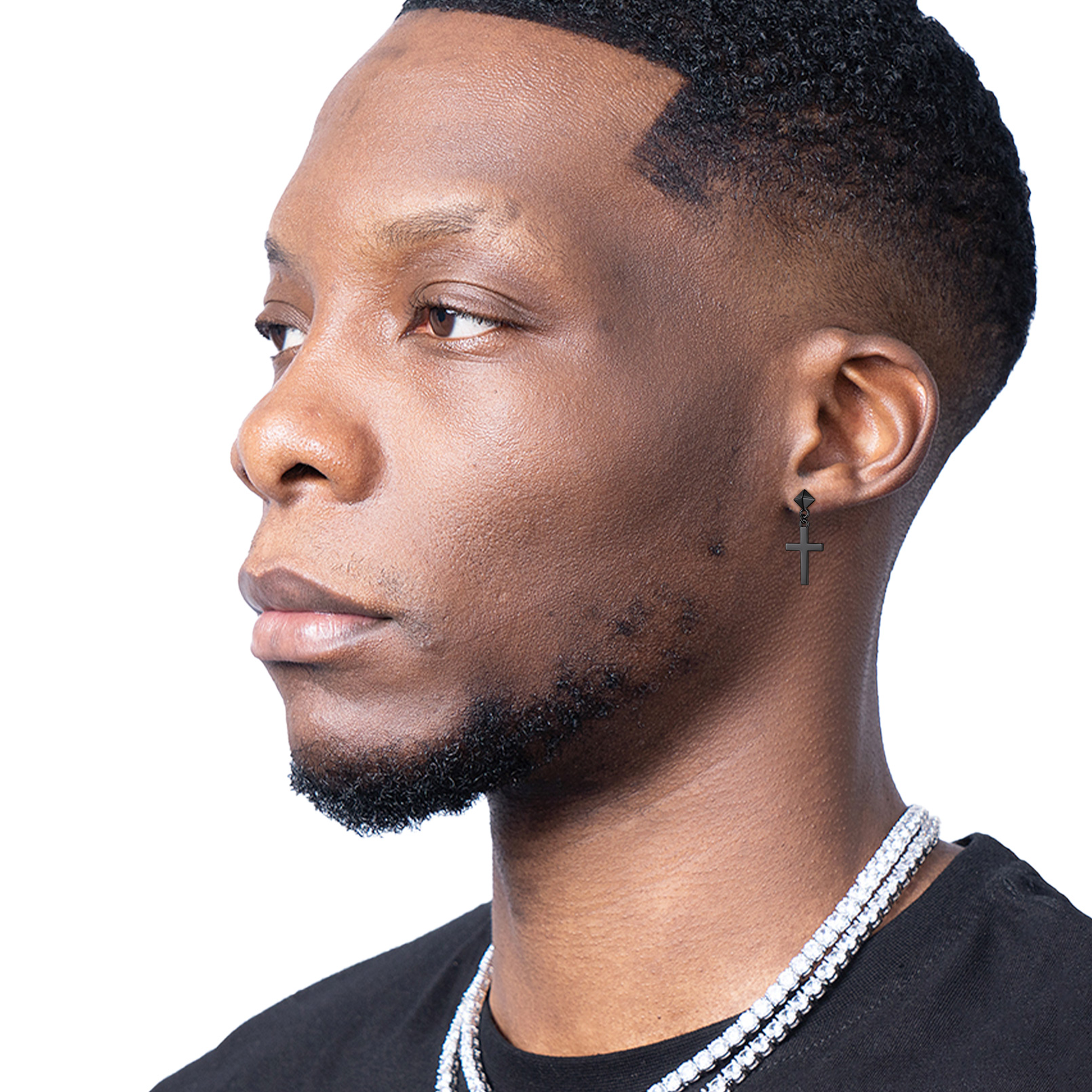 Asymmetry Cross Dangle Earrings in Black for Men-02