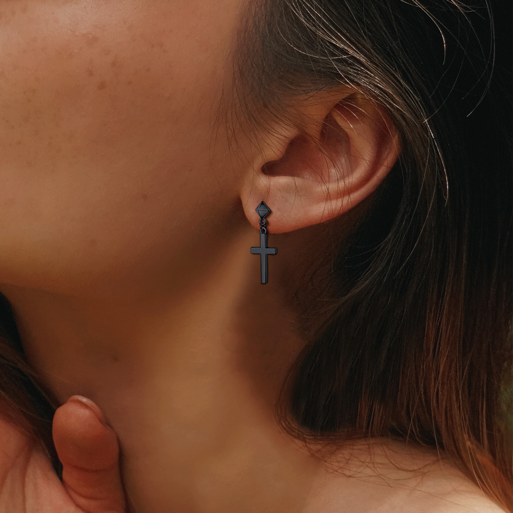 Asymmetry Cross Dangle Earrings in Black for Women-01