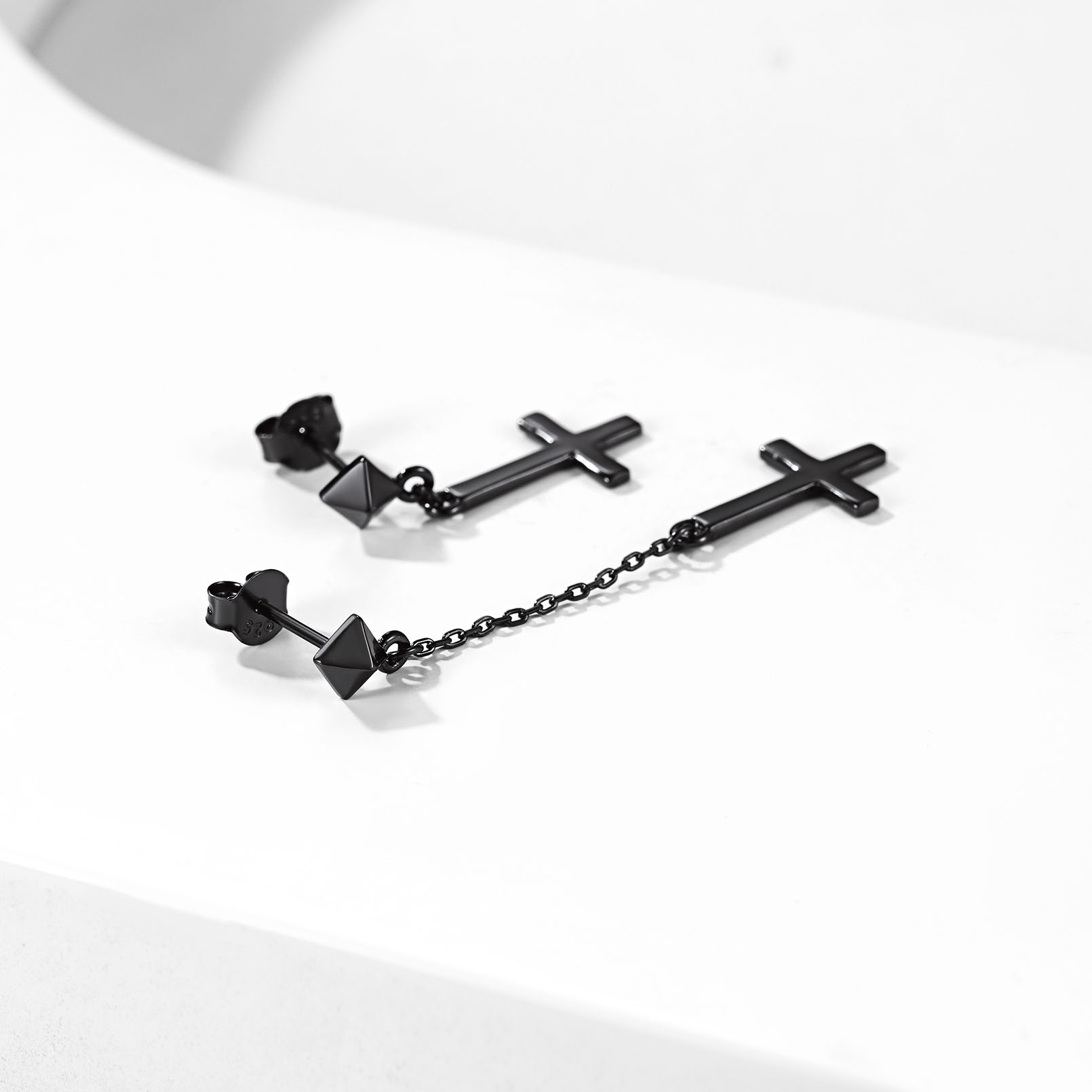 Asymmetry Inverted Cross Dangle Earrings in Black, Sterling Silver-02