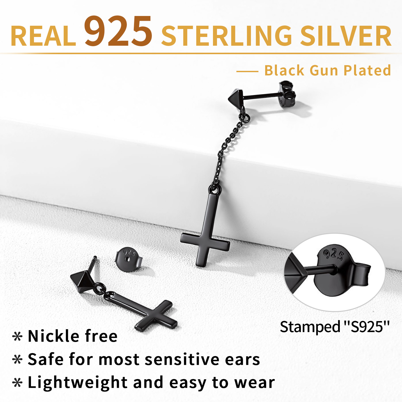 Asymmetry Inverted Cross Dangle Earrings in Black Description - Hypoallergenic, Premium Material