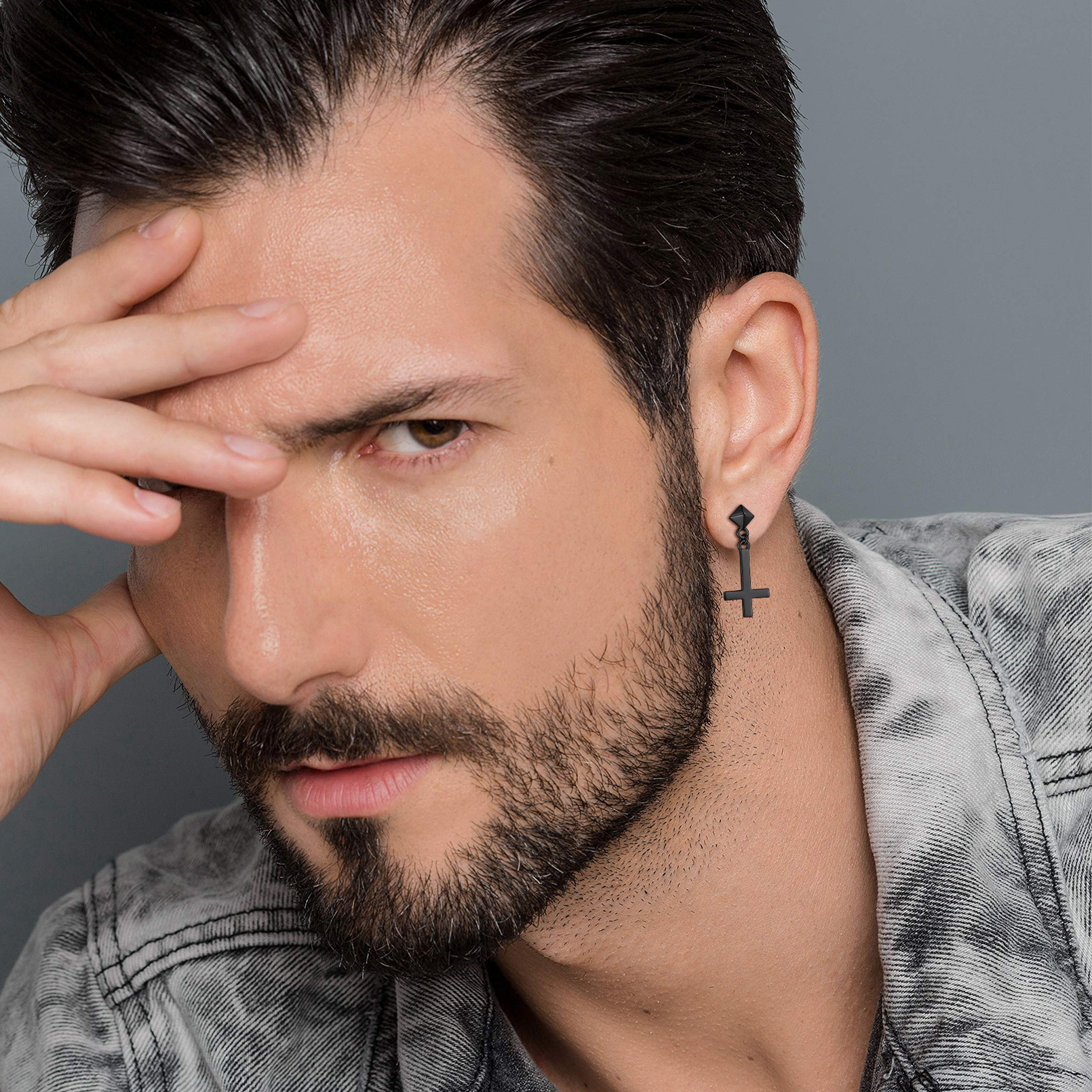 Asymmetry Inverted Cross Dangle Earrings in Black for Men