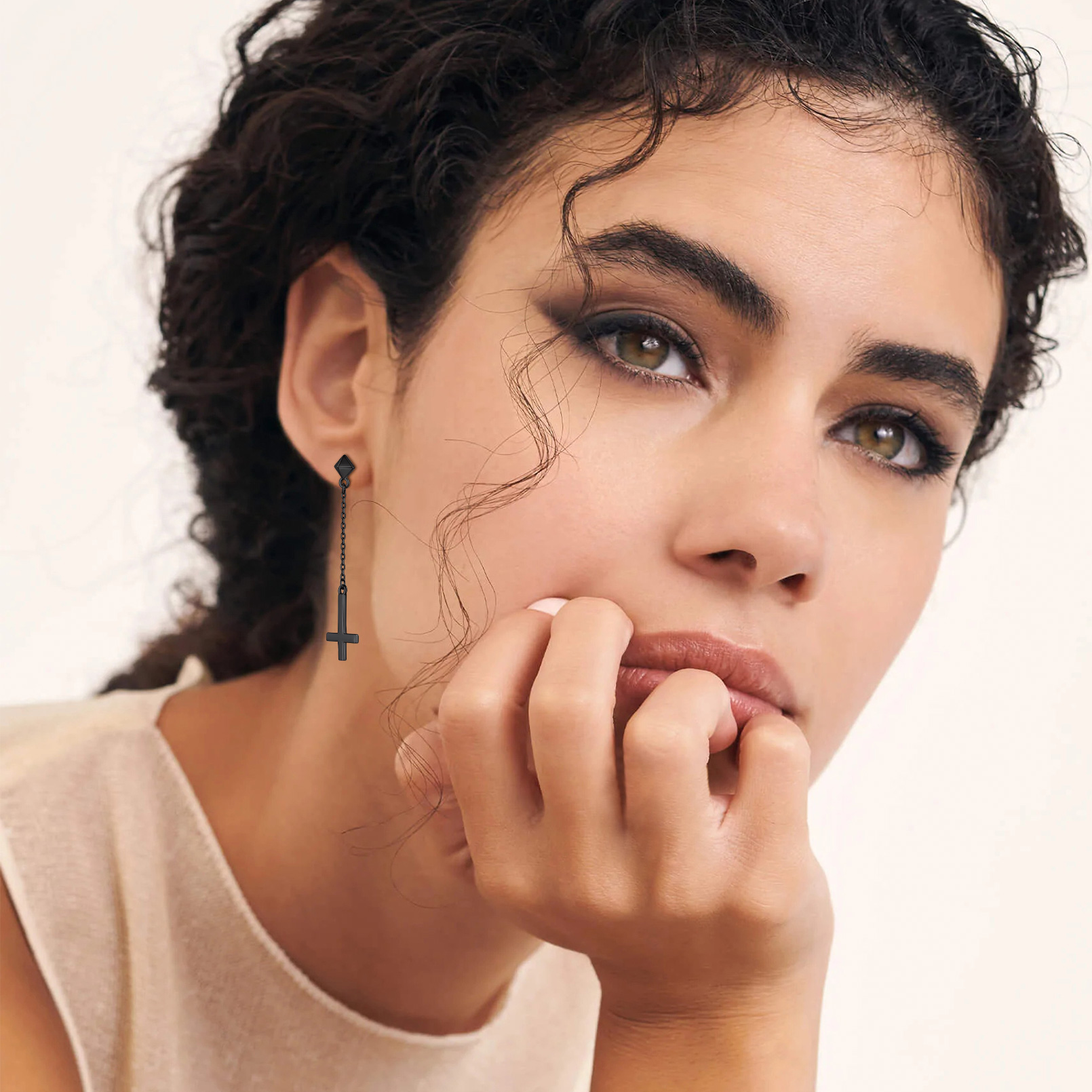 Asymmetry Inverted Cross Dangle Earrings in Black for Women