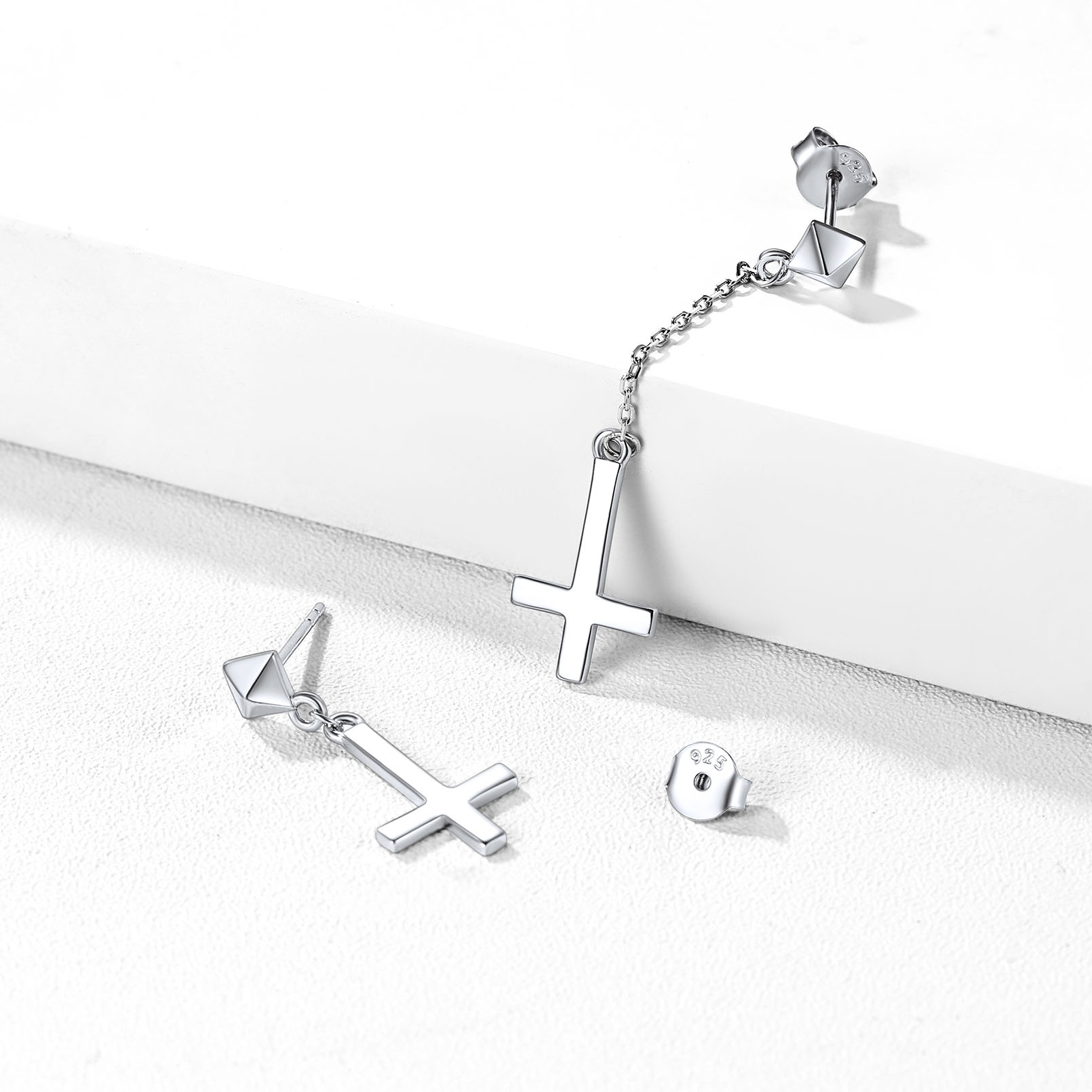 Asymmetry Inverted Cross Dangle Earrings in Silver, Sterling Silver-01