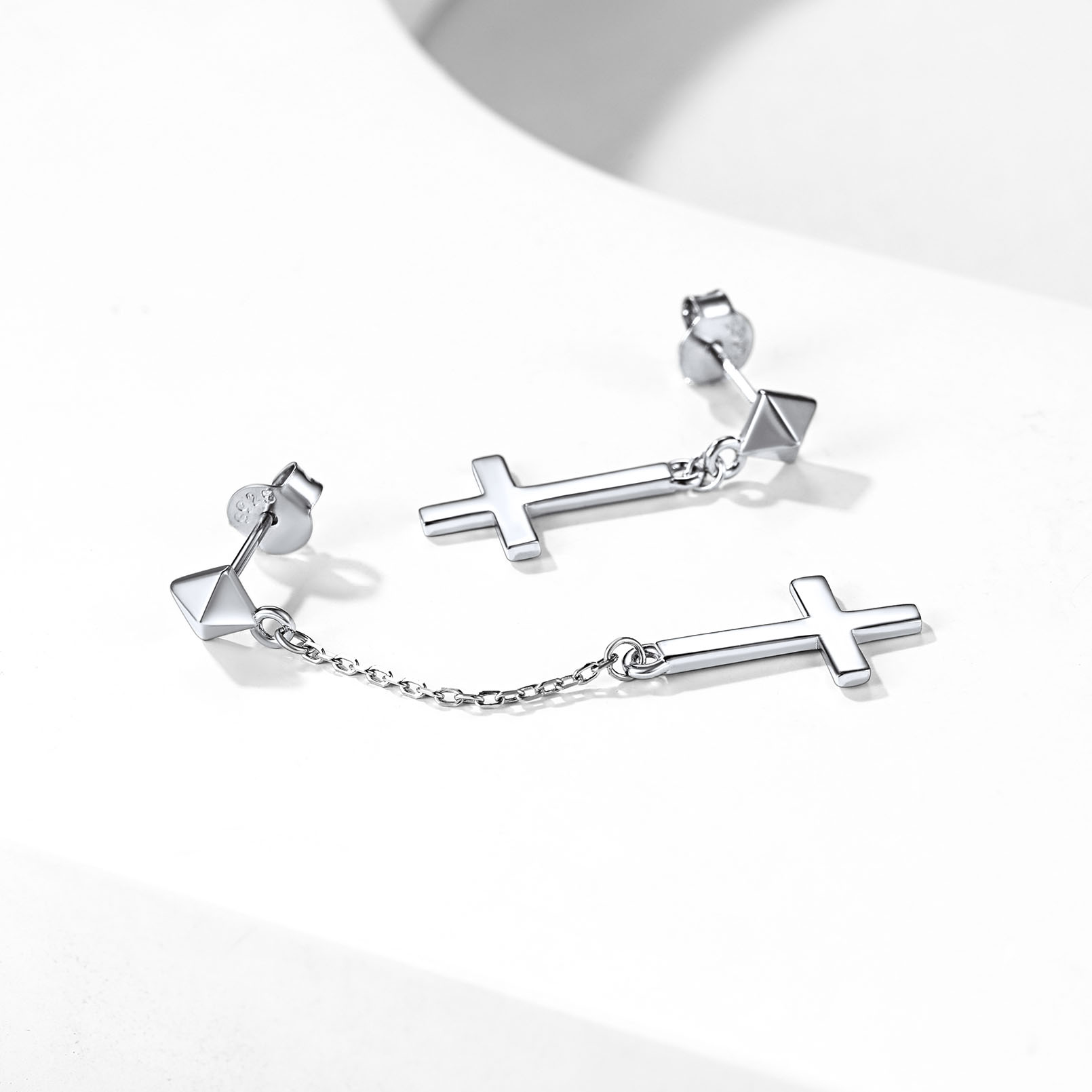 Asymmetry Inverted Cross Dangle Earrings in Silver, Sterling Silver-02