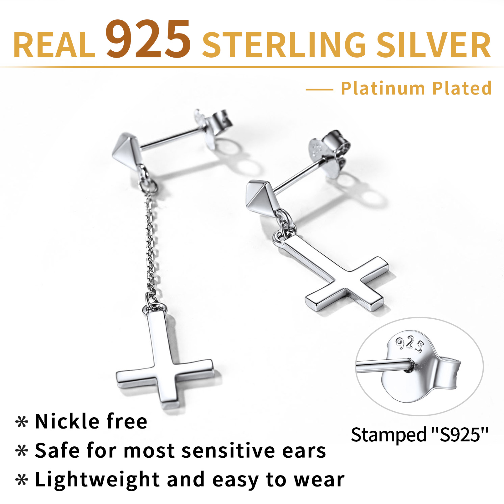 Asymmetry Inverted Cross Dangle Earrings in Silver Description - Hypoallergenic, Premium Material