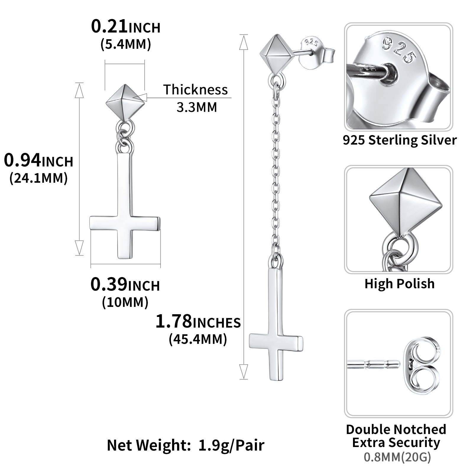 Asymmetry Inverted Cross Dangle Earrings in Silver Details Dimensions, Hypoallergenic, Push Back Finding