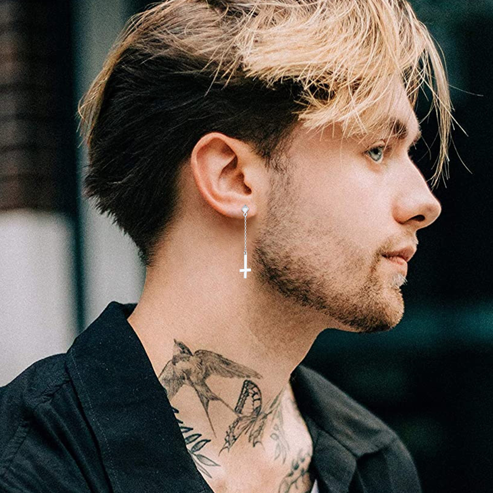 Asymmetry Inverted Cross Dangle Earrings in Silver for Men