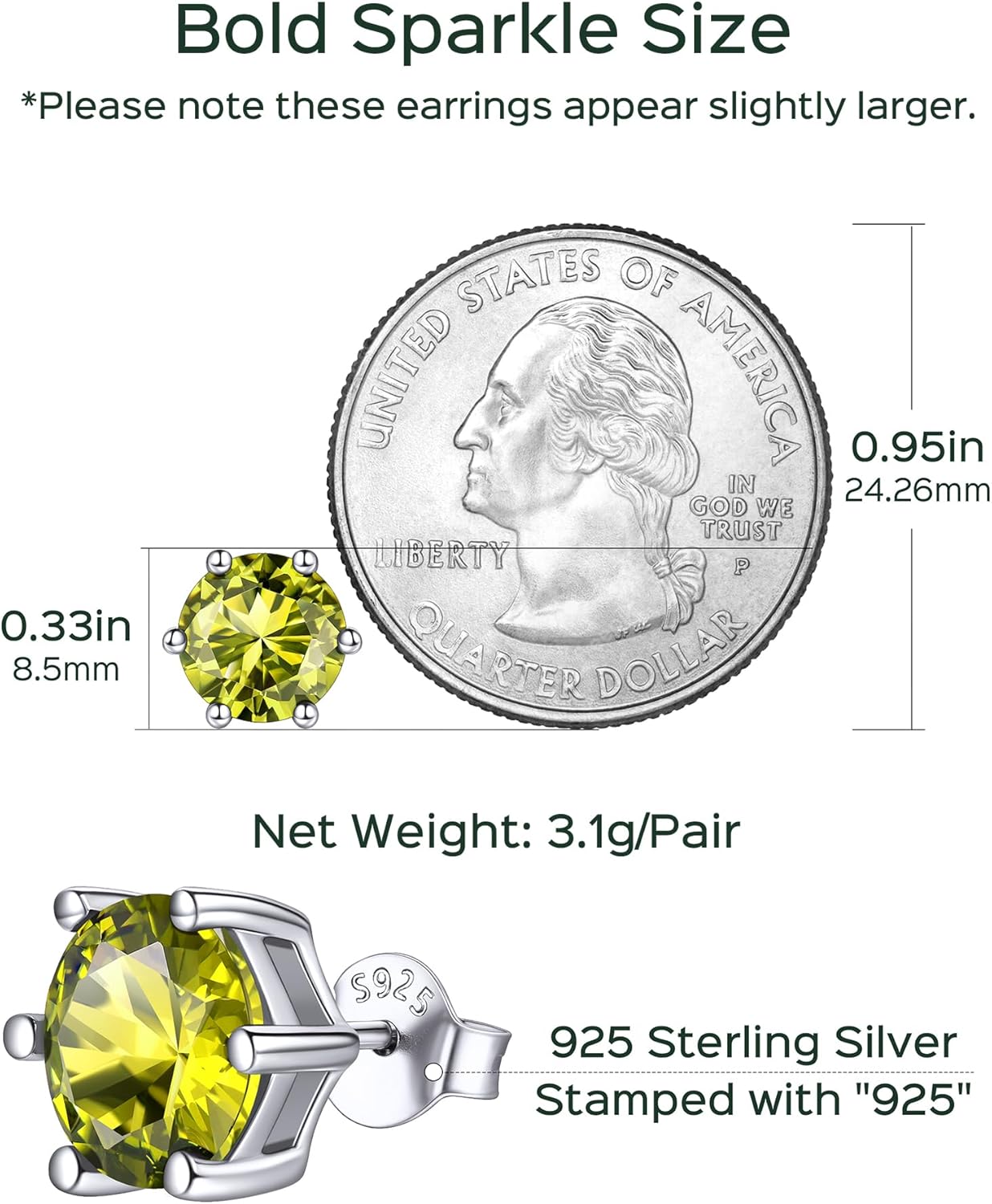 8.5mm Sparkling Round Cut Birthstone Halo Stud Earrings Details: Dimensions, Hypoallergenic, Push Back Finding