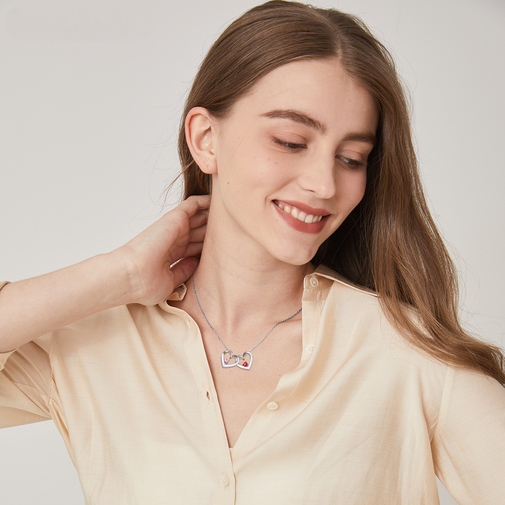Personalized Dimensional heart birthstone necklace with engraved name for Women