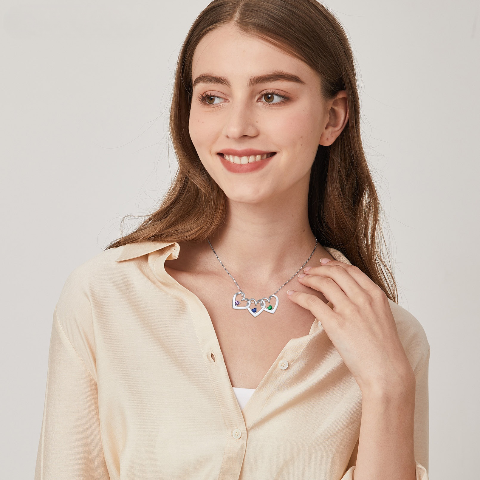 Personalized Dimensional heart birthstone necklace with engraved name for Women