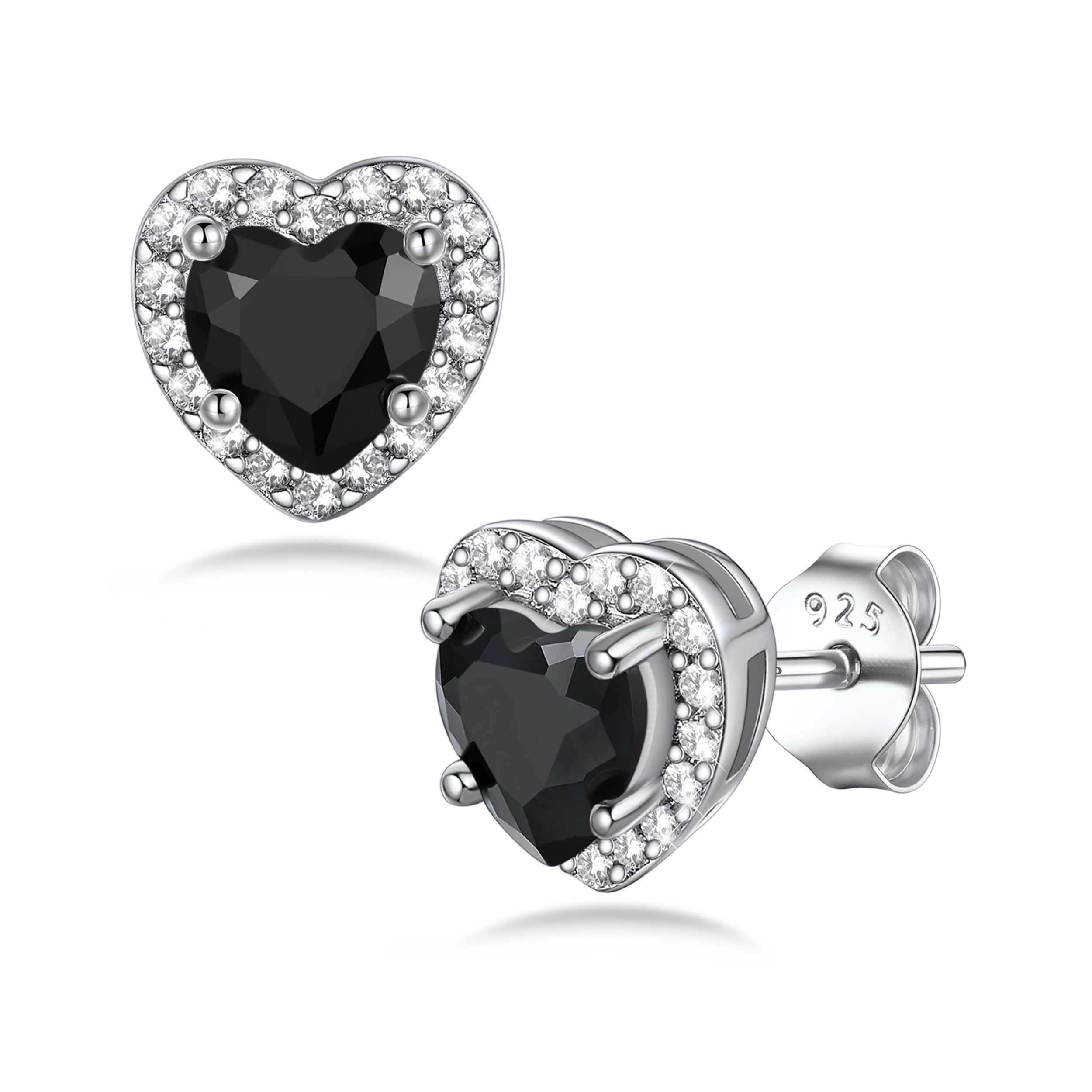 Black 5mm Heart Cut Birthstone with Cubic Zirconia Halo Stud Earrings