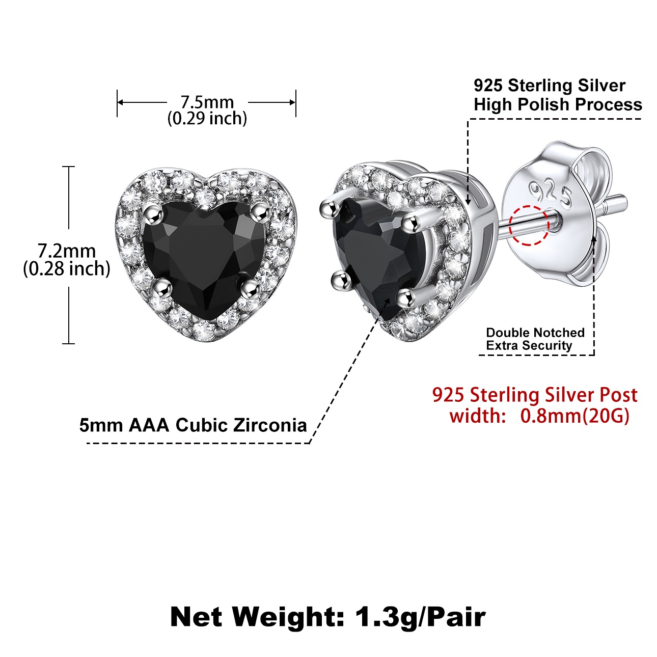 Black 5mm Heart Cut Birthstone with Cubic Zirconia Halo Stud Earrings Details: Dimensions, Hypoallergenic, Push Back Finding