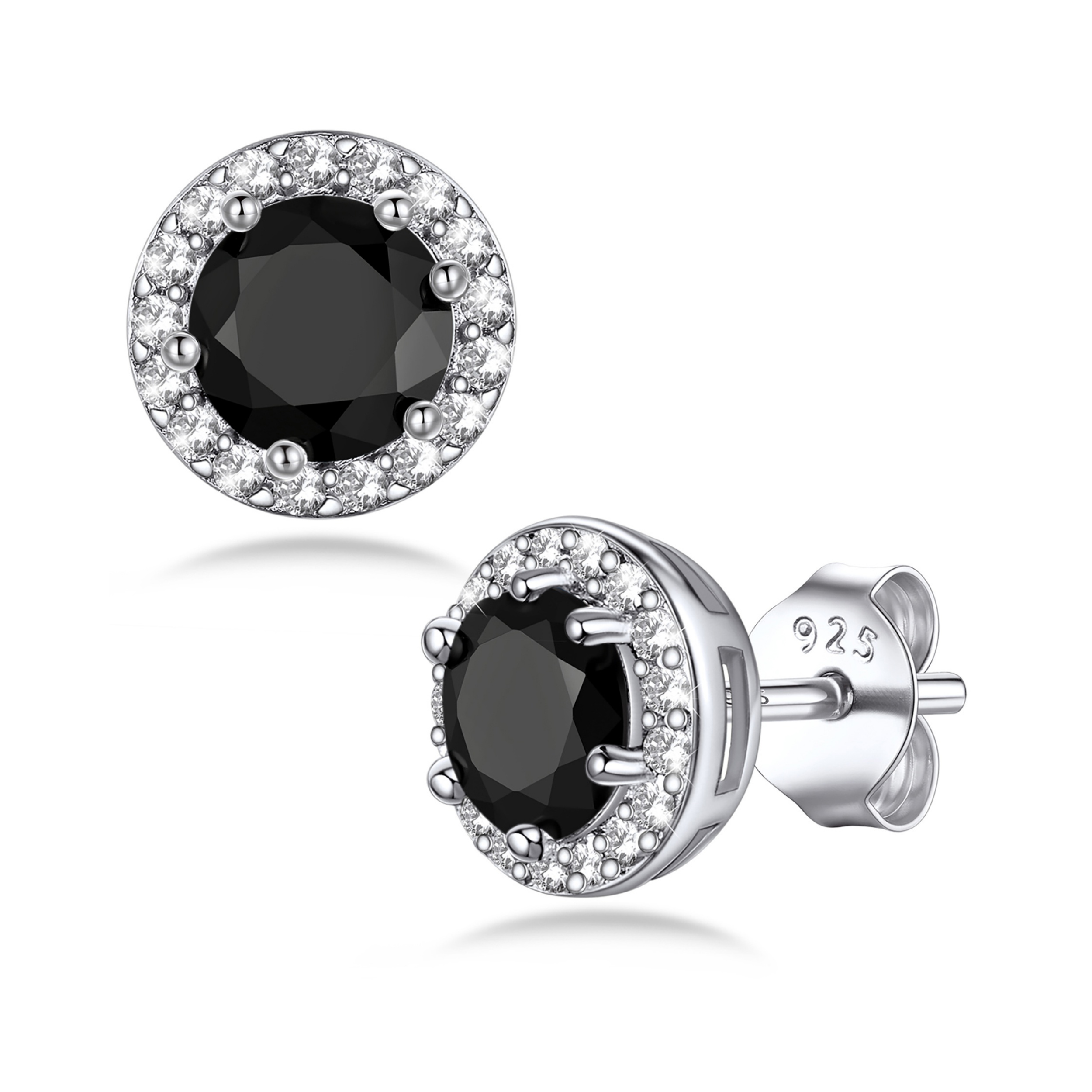Black 5mm Round Birthstone with Cubic Zirconia Halo Stud Earrings