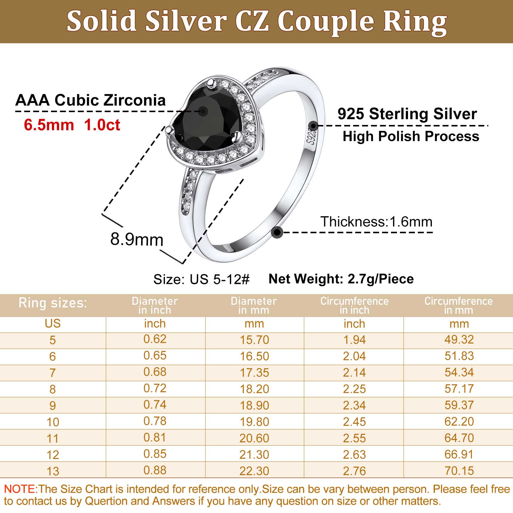 Sterling Silver 6.5mm Heart Ring Black Zirconia Halo Ring For Women