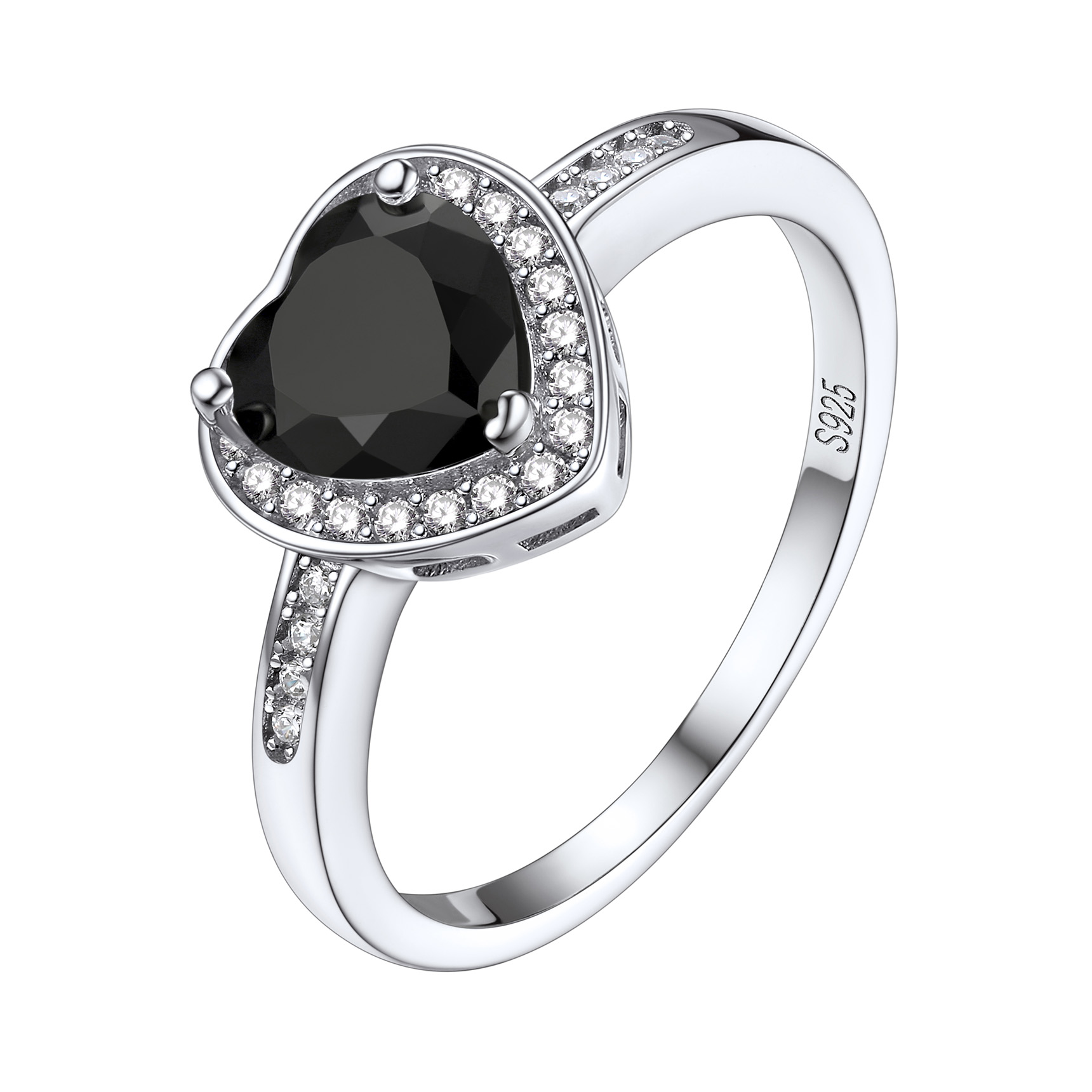 Sterling Silver 6.5mm Heart Ring Black Zirconia Halo Ring For Women