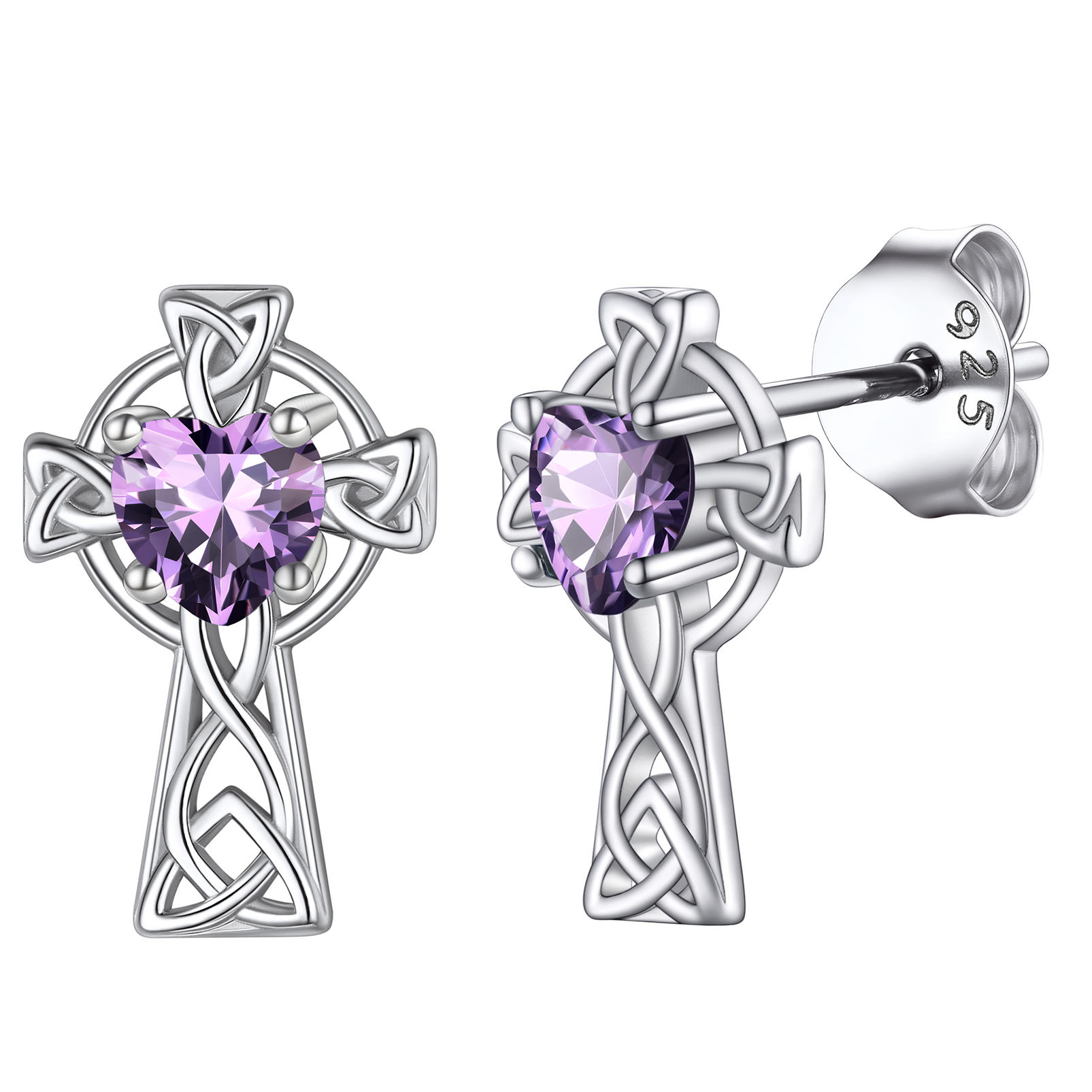 Birthstone Celtic Knot Cross Stud Earrings-Amethyst