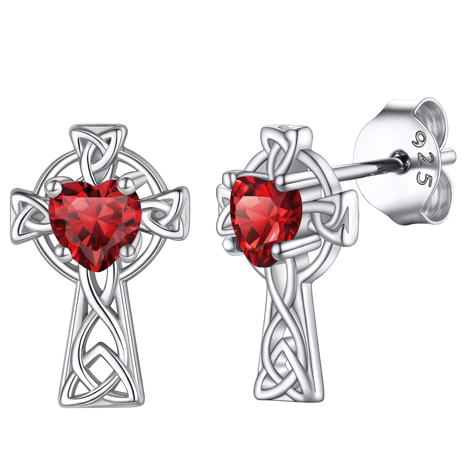 Birthstone Celtic Knot Cross Stud Earrings-Garnet