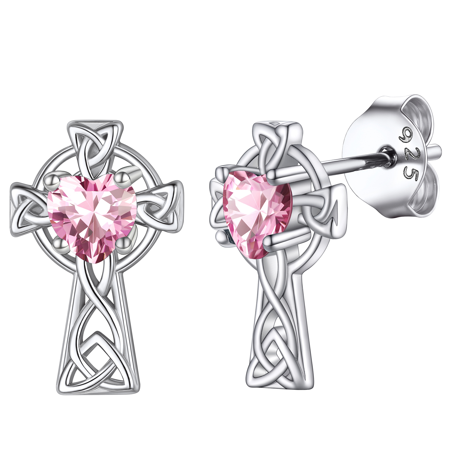 Birthstone Celtic Knot Cross Stud Earrings  Pink Tourmaline-main image
