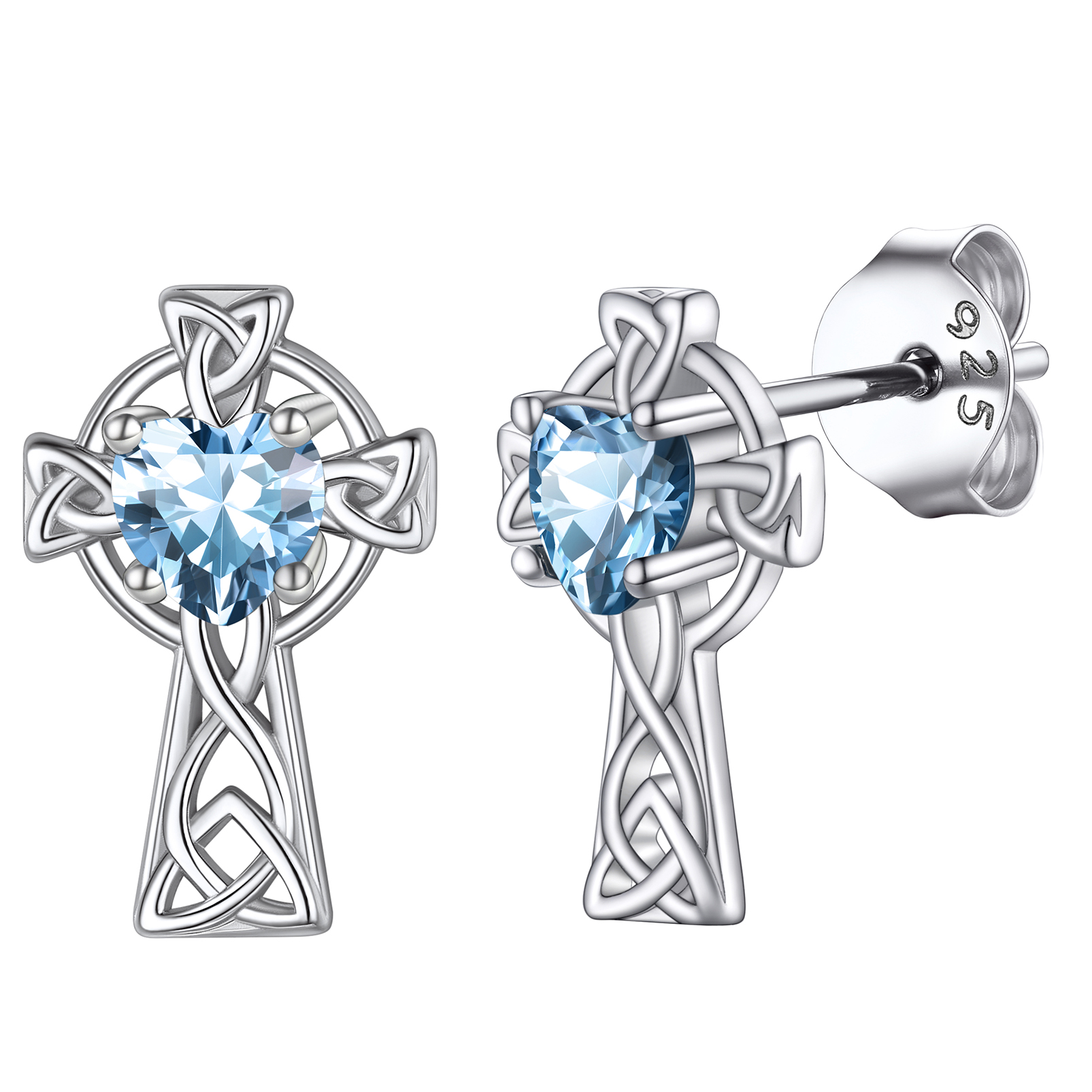 Birthstone Celtic Knot Cross Stud Earrings Aquamarine -main image
