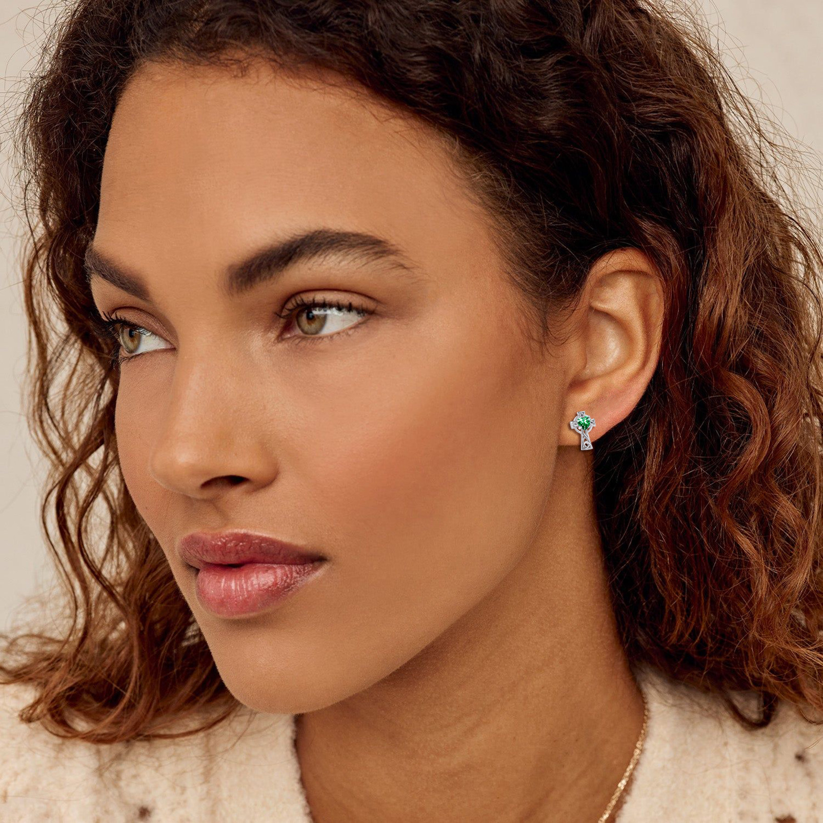 Birthstone Celtic Knot Cross Stud Earrings Aquamarine -model effect