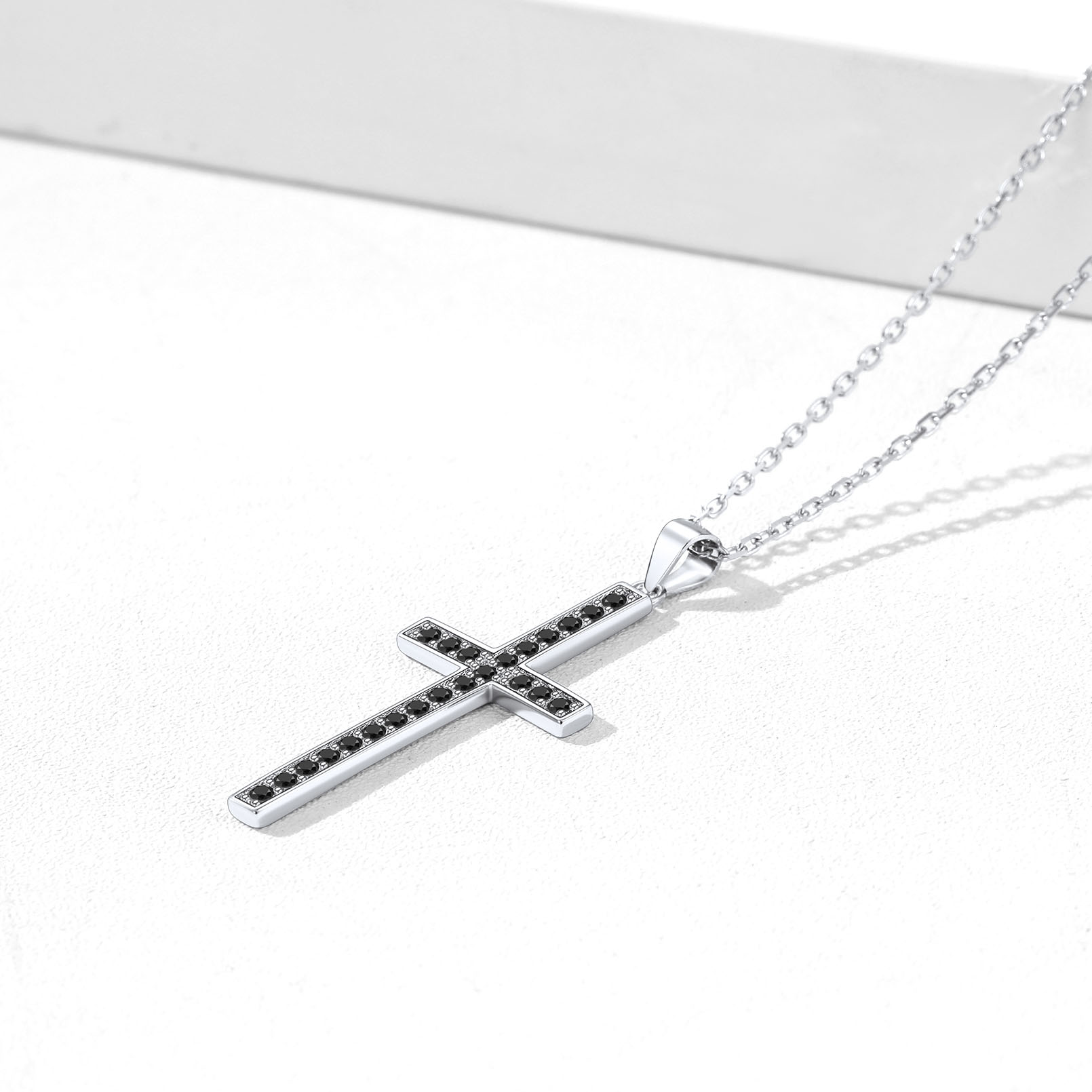 Black Cubic Zirconia Christian Cross Pendant Necklace in Silver, Sterling Silver & Cubic Zirconia-01