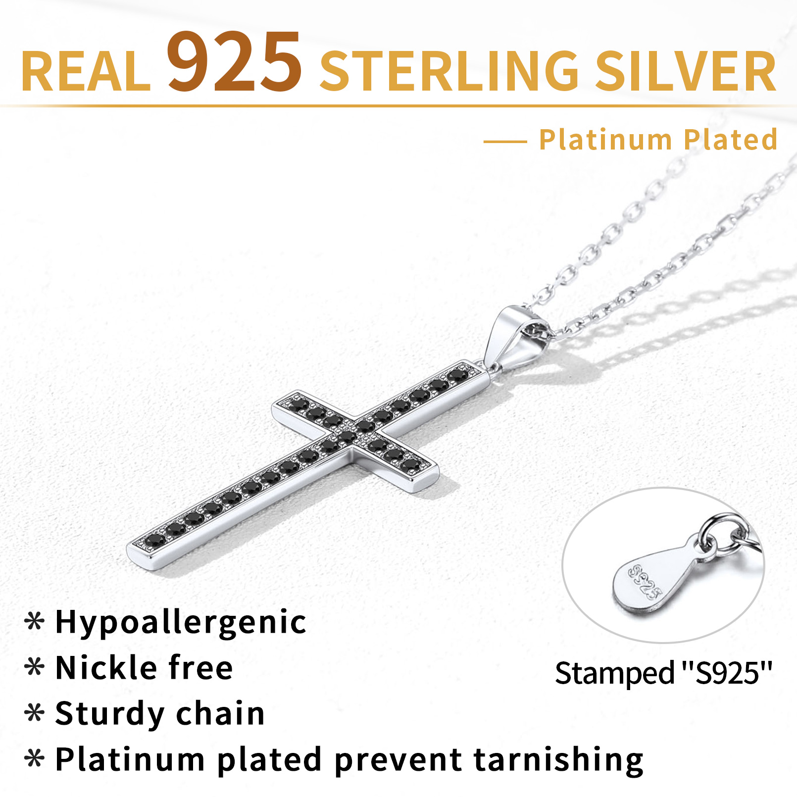 Black Cubic Zirconia Christian Cross Pendant Necklace in Silver Description - Hypoallergenic, Premium Material