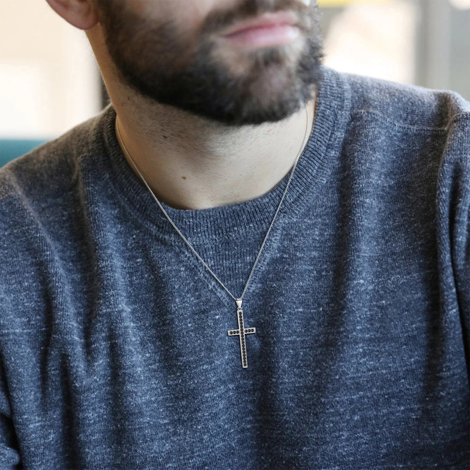 Black Cubic Zirconia Christian Cross Pendant Necklace in Silver for Men