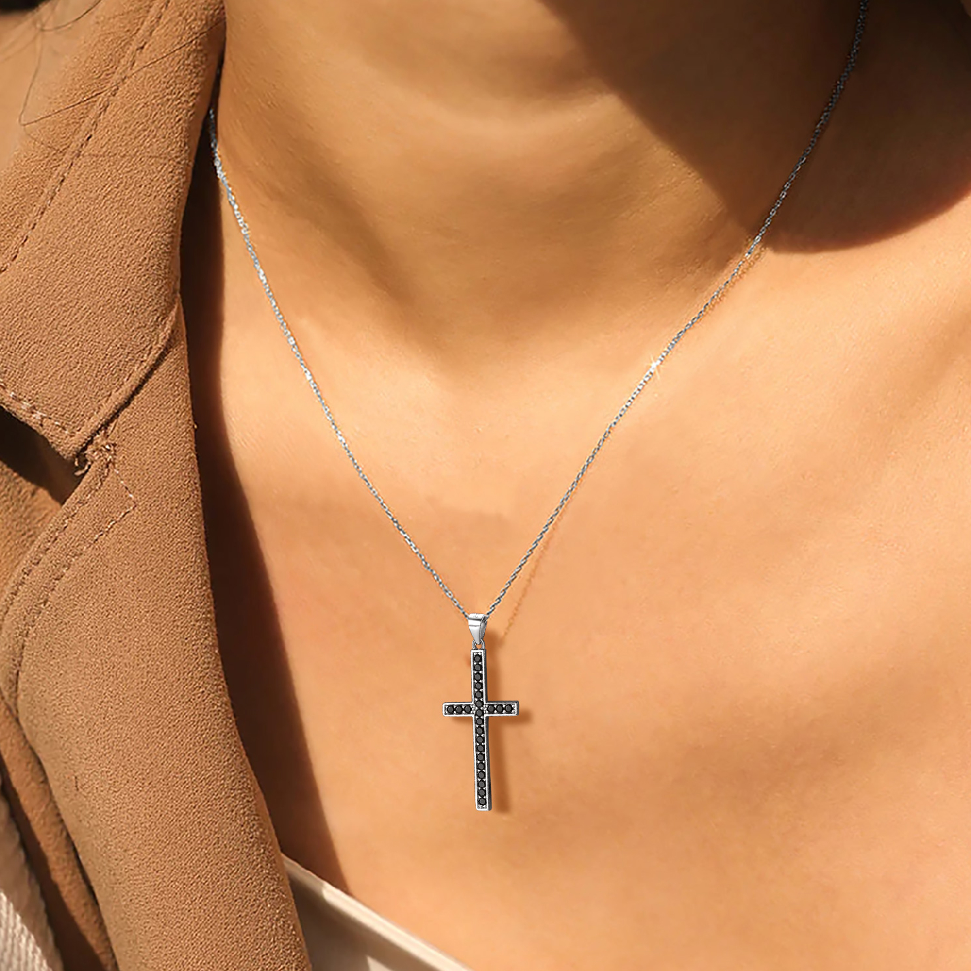 Black Cubic Zirconia Christian Cross Pendant Necklace in Silver for Women-01
