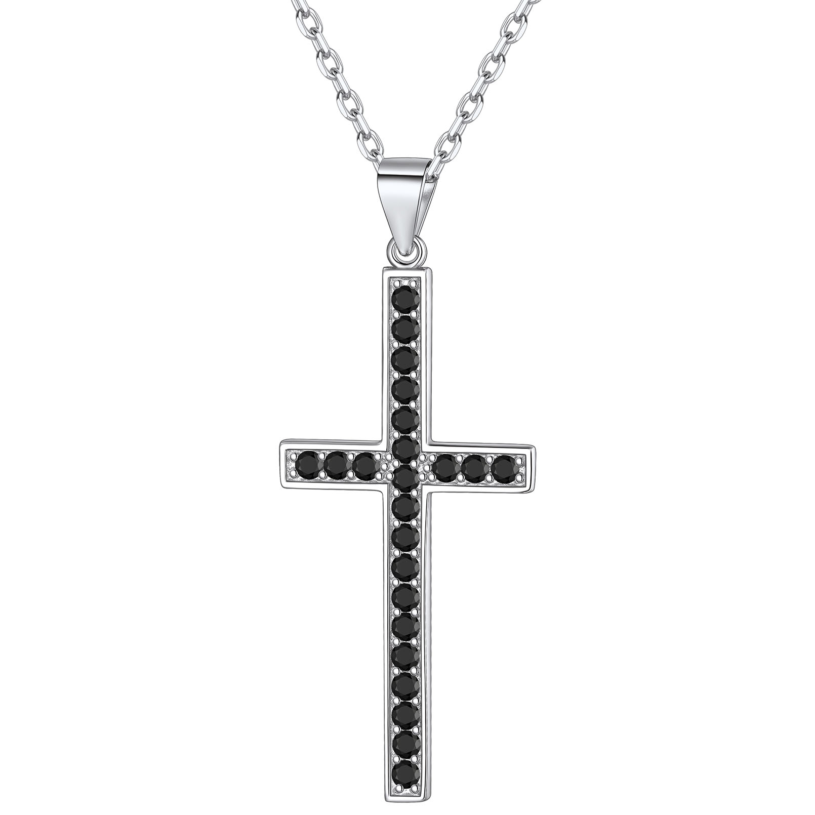 Black Cubic Zirconia Christian Cross Pendant Necklace in Silver