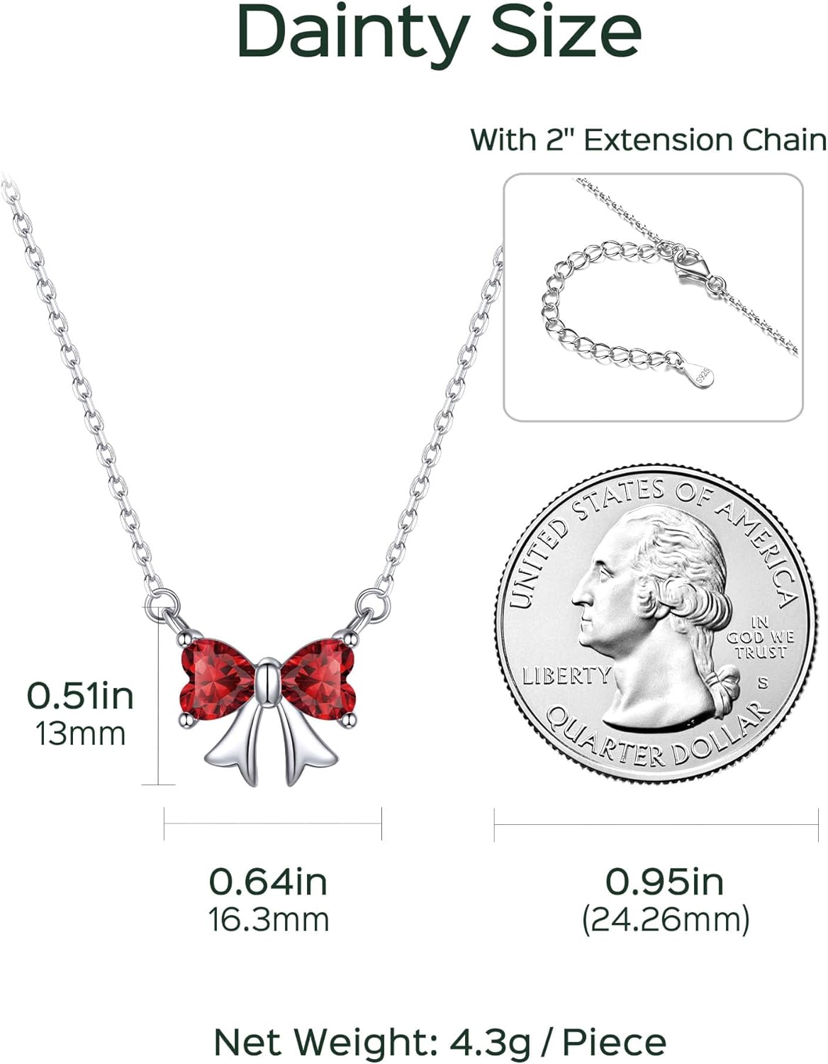 Bow Birthstone Pendant Necklace Details: Dimensions, Hypoallergenic, Lobster-Claw-Clasps